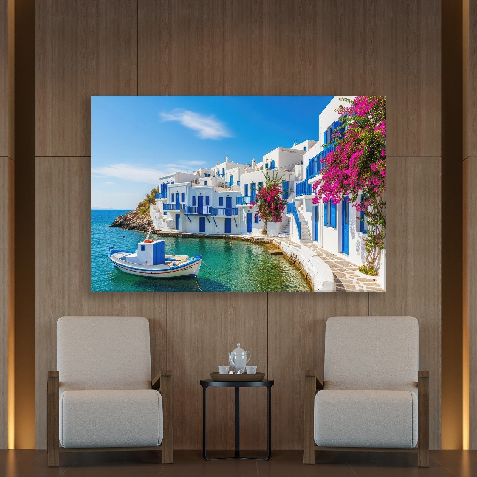 Santorini Limanı Kanvas Tablo | Mavi Beyaz Evler, Tekne ve Begonvil Deniz Manzarası