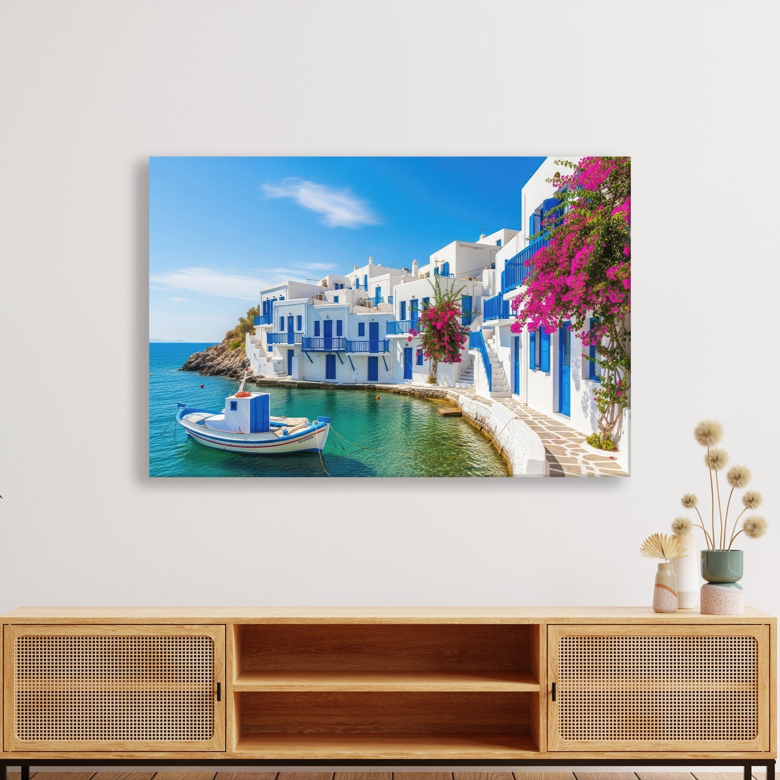 Santorini Limanı Kanvas Tablo | Mavi Beyaz Evler, Tekne ve Begonvil Deniz Manzarası
