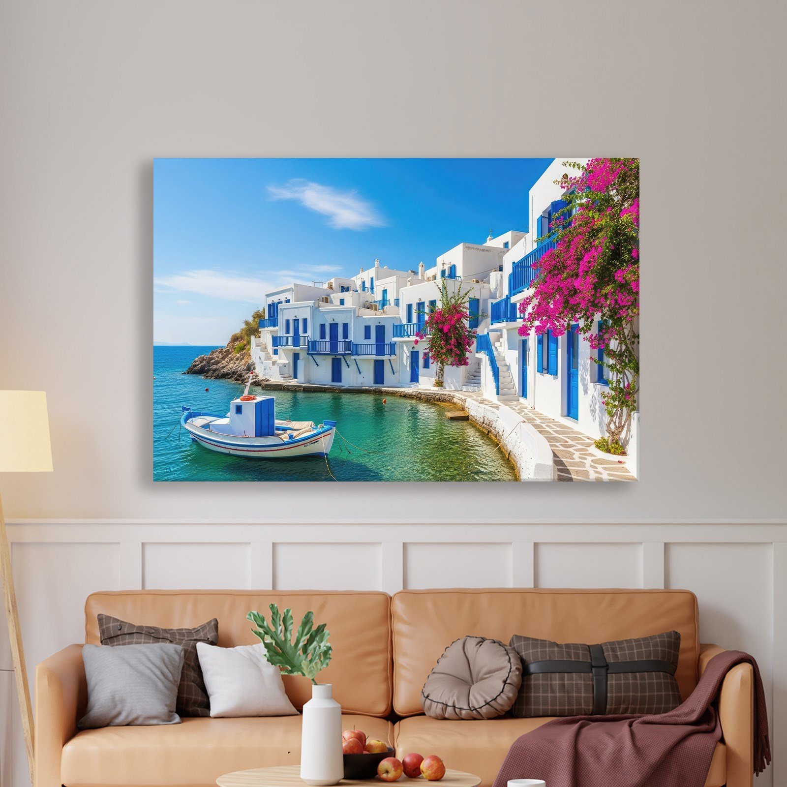 Santorini Limanı Kanvas Tablo | Mavi Beyaz Evler, Tekne ve Begonvil Deniz Manzarası