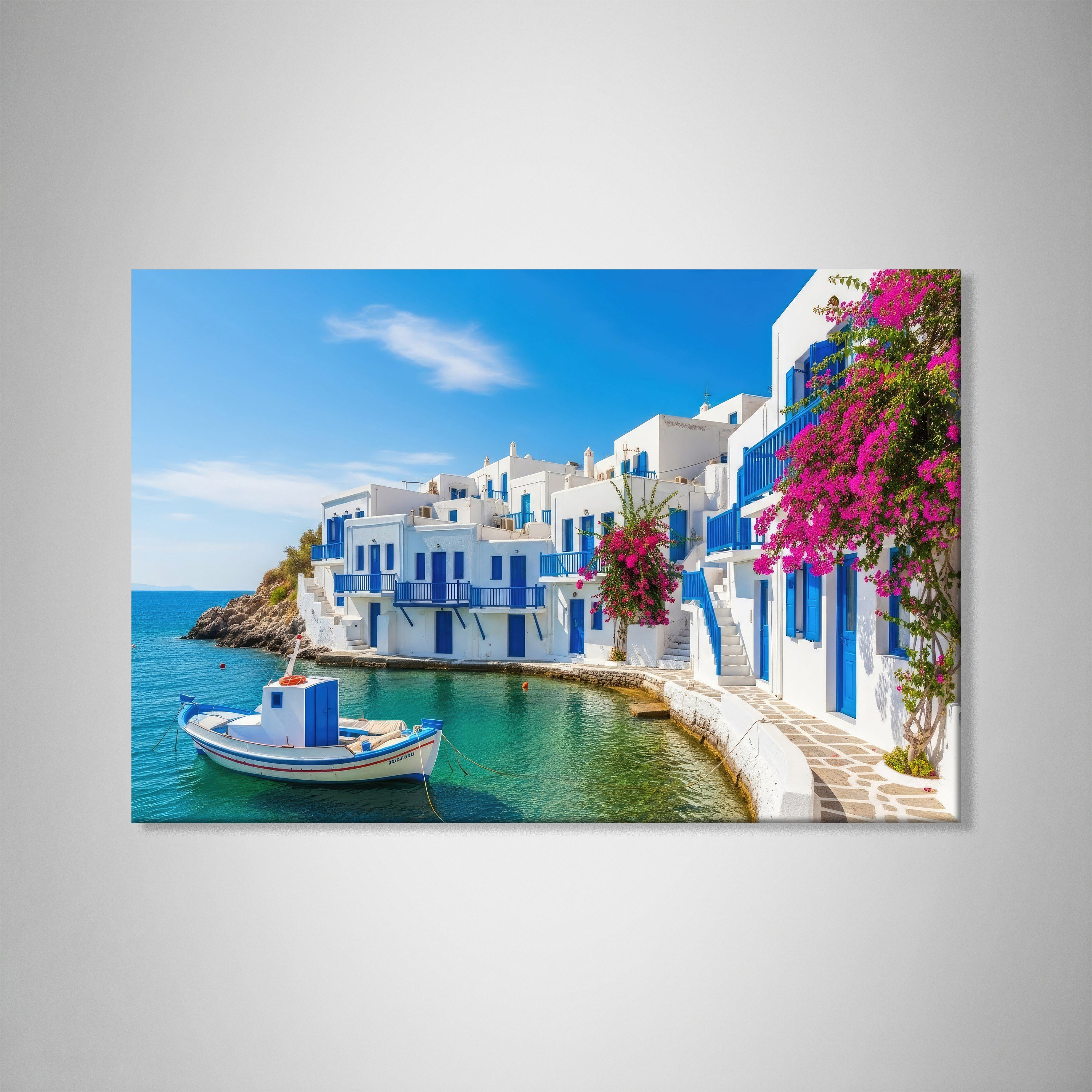 Santorini Limanı Kanvas Tablo | Mavi Beyaz Evler, Tekne ve Begonvil Deniz Manzarası