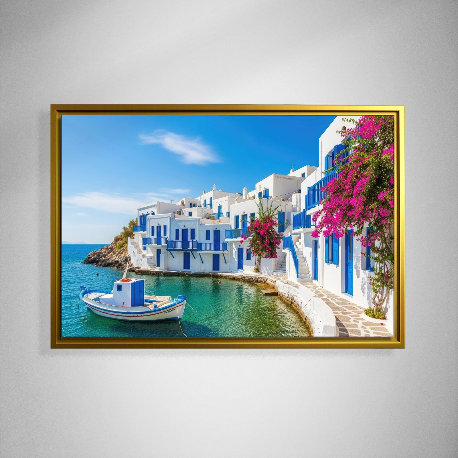 Santorini Limanı Kanvas Tablo | Mavi Beyaz Evler, Tekne ve Begonvil Deniz Manzarası