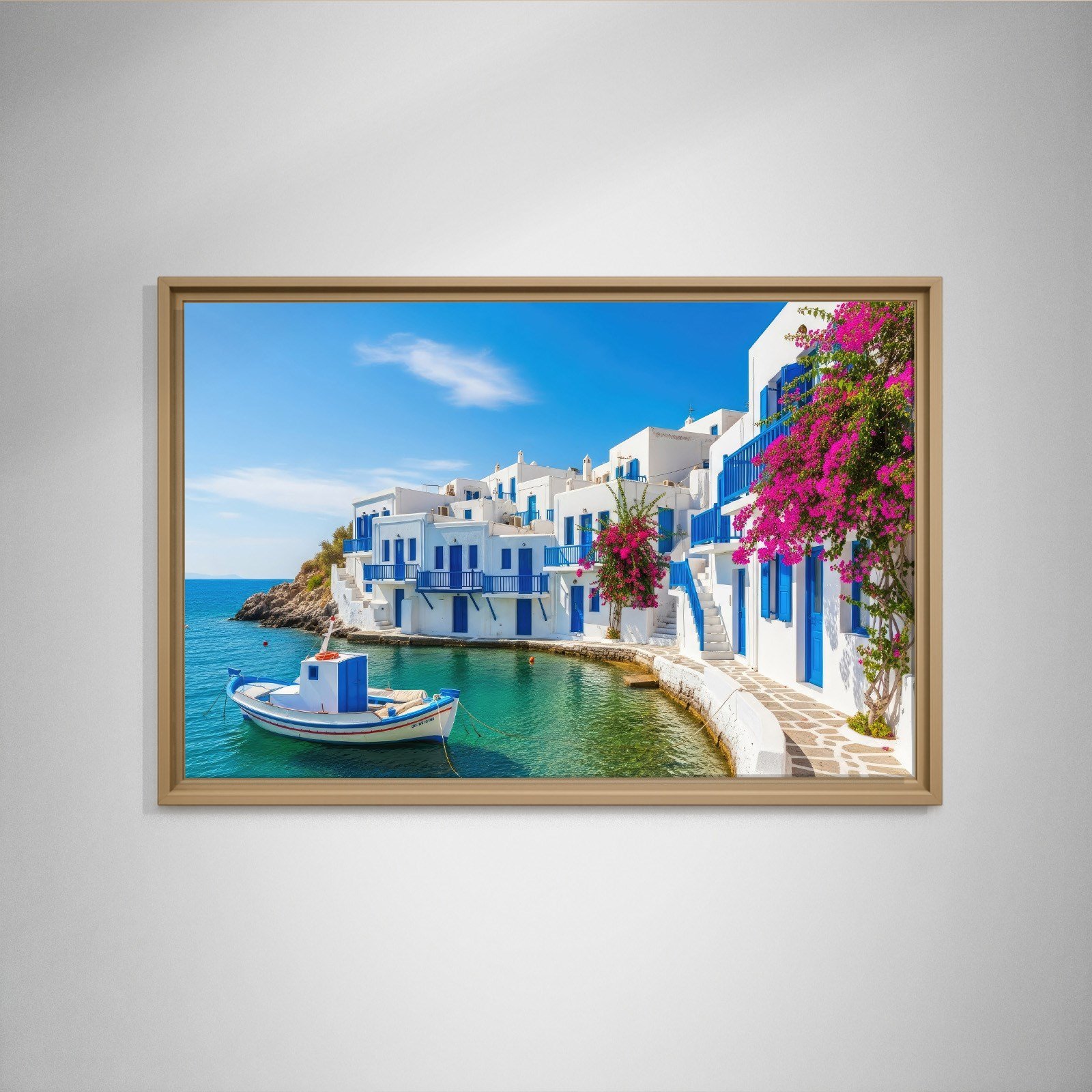 Santorini Limanı Kanvas Tablo | Mavi Beyaz Evler, Tekne ve Begonvil Deniz Manzarası