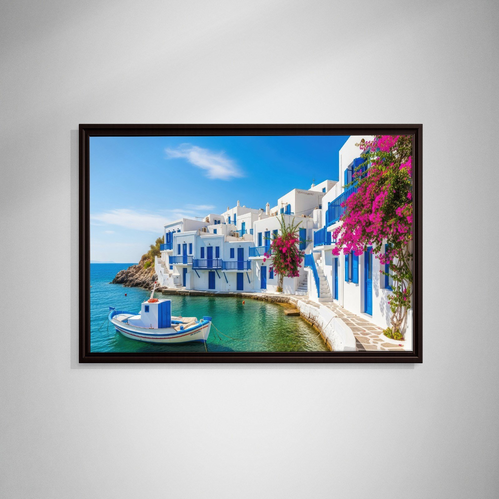 Santorini Limanı Kanvas Tablo | Mavi Beyaz Evler, Tekne ve Begonvil Deniz Manzarası