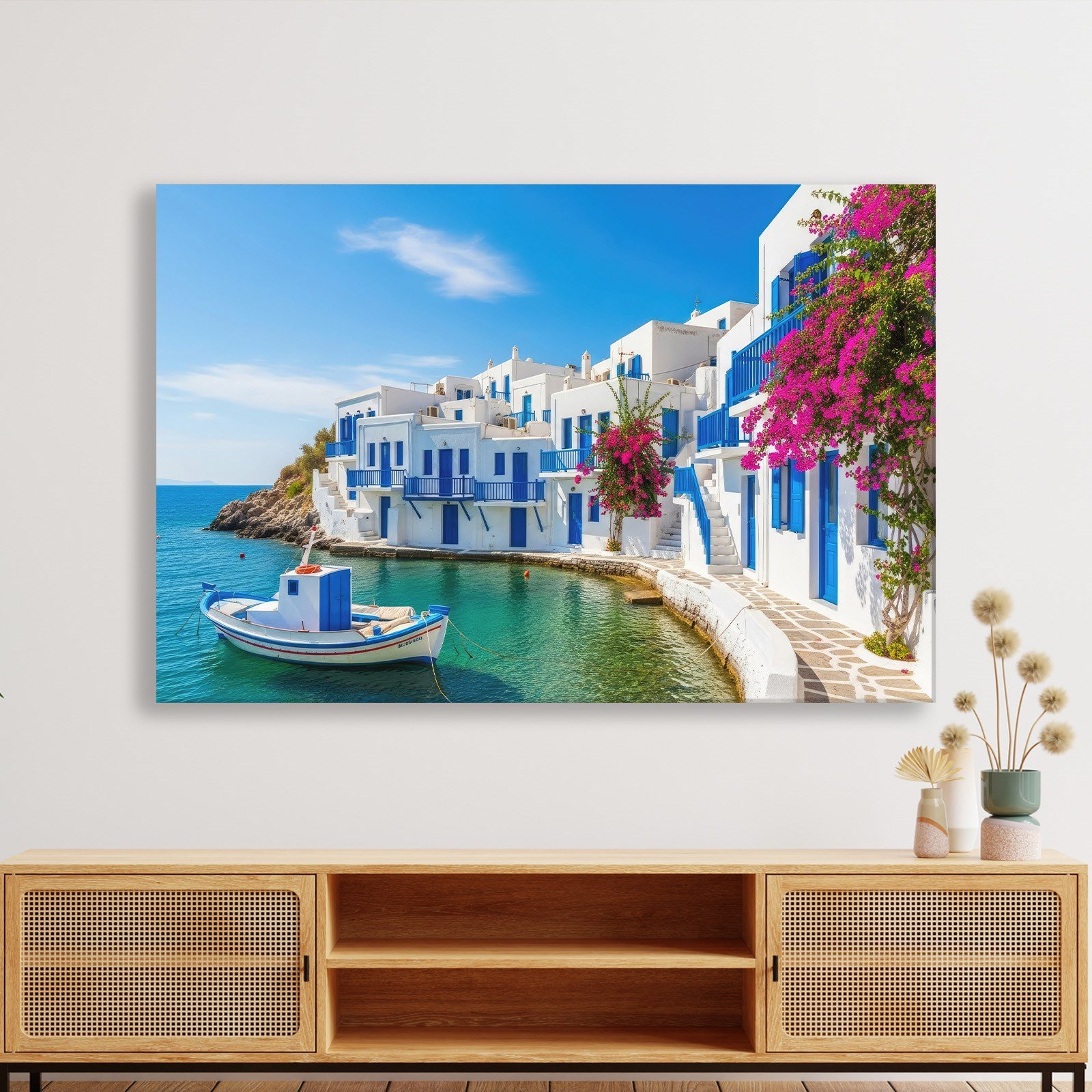 Santorini Limanı Kanvas Tablo | Mavi Beyaz Evler, Tekne ve Begonvil Deniz Manzarası