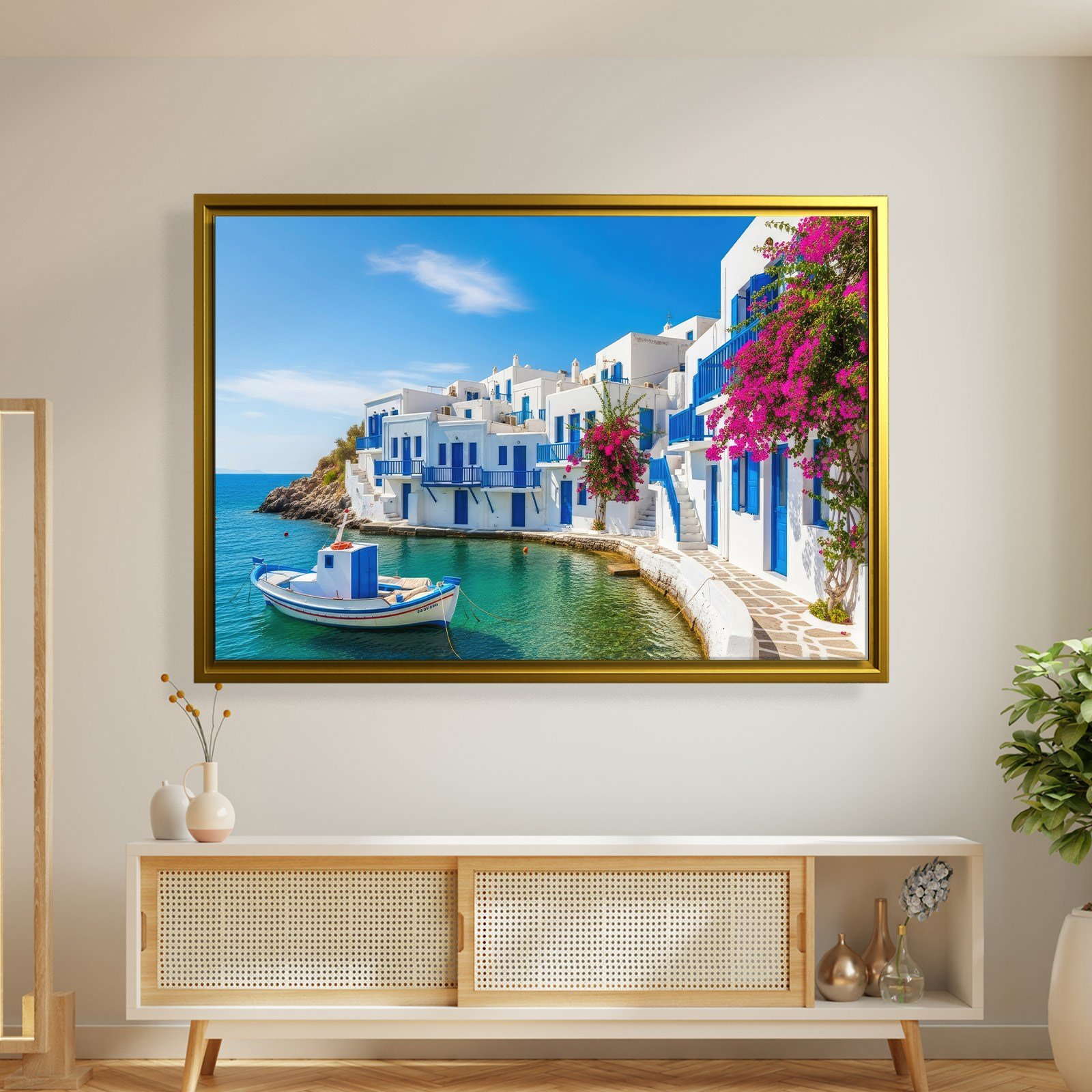 Santorini Limanı Kanvas Tablo | Mavi Beyaz Evler, Tekne ve Begonvil Deniz Manzarası