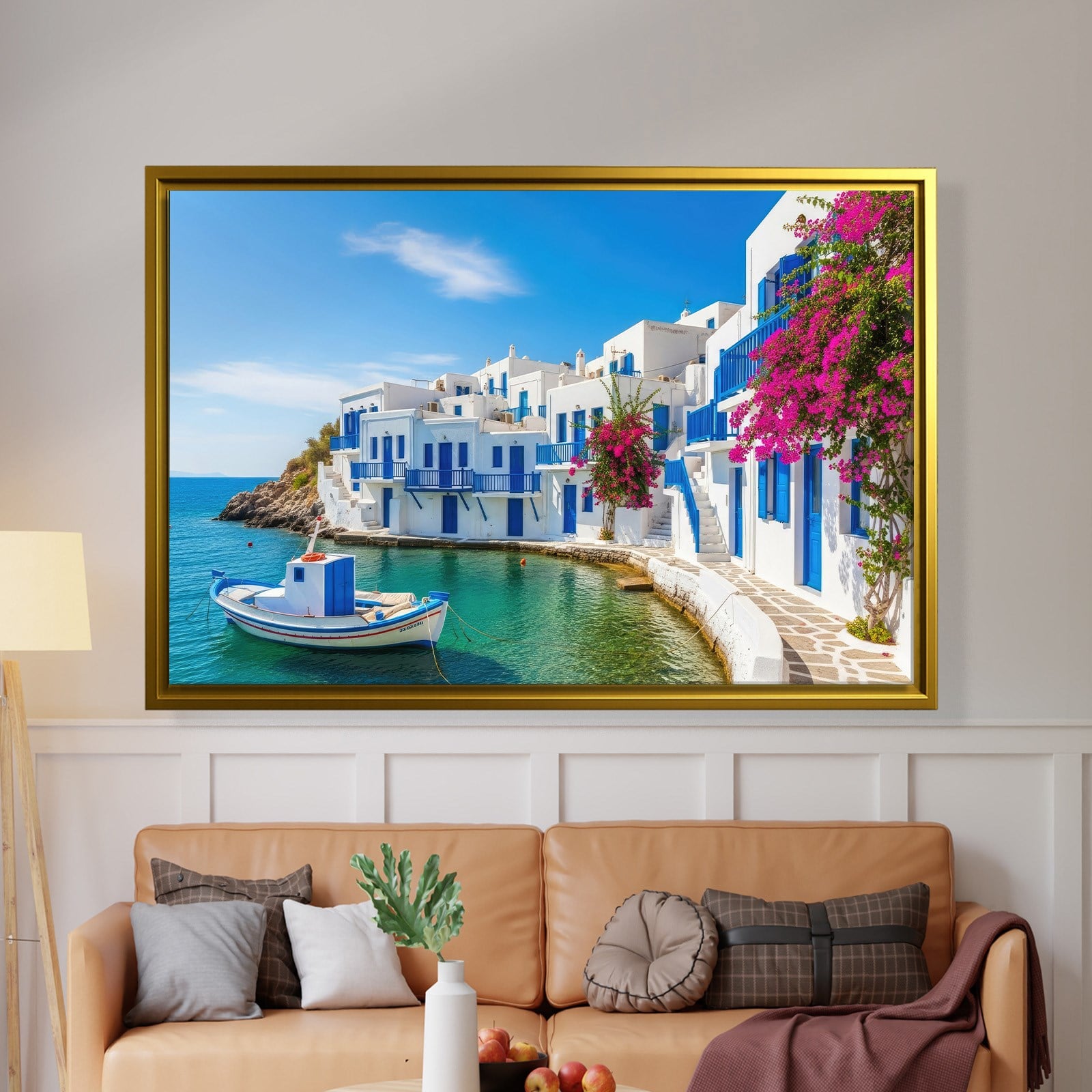 Santorini Limanı Kanvas Tablo | Mavi Beyaz Evler, Tekne ve Begonvil Deniz Manzarası