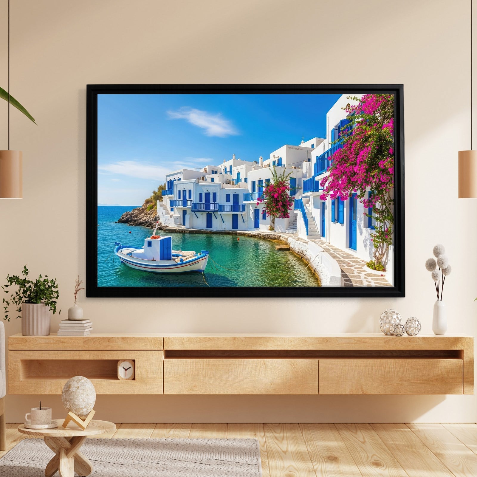 Santorini Limanı Kanvas Tablo | Mavi Beyaz Evler, Tekne ve Begonvil Deniz Manzarası