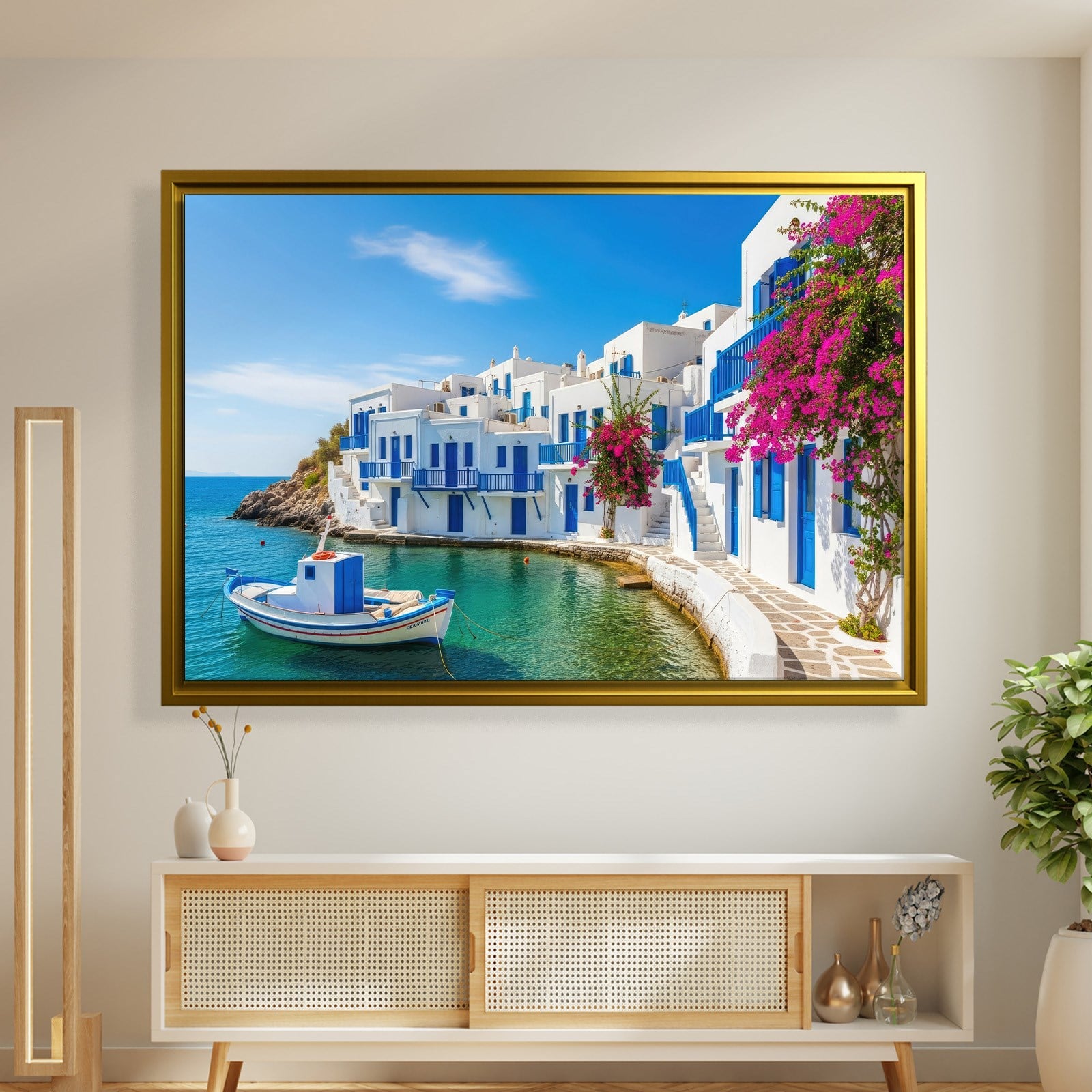 Santorini Limanı Kanvas Tablo | Mavi Beyaz Evler, Tekne ve Begonvil Deniz Manzarası