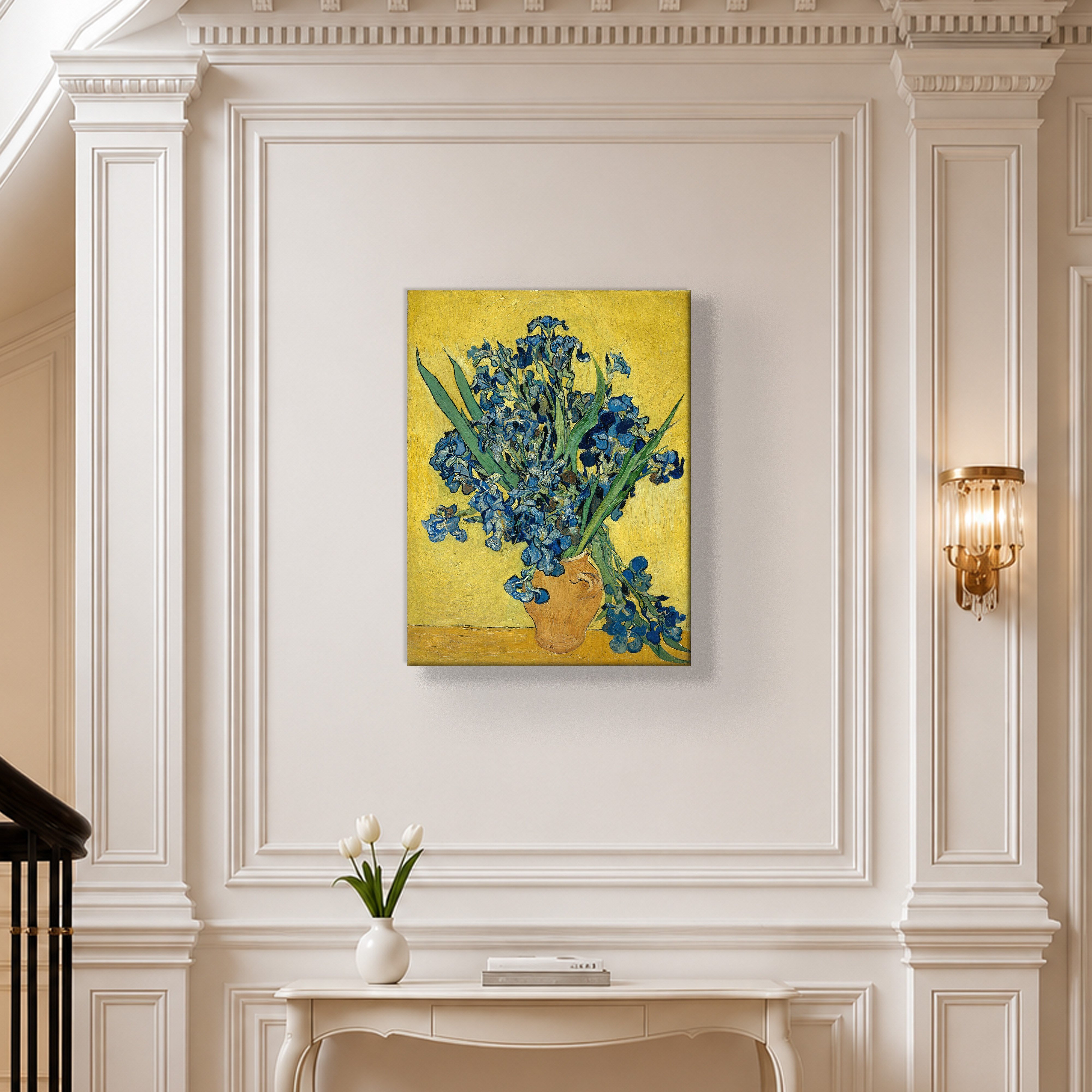 Sarı Vazoda Süsenler Kanvas Tablo – Vincent van Gogh Çiçek Natürmort Fine Art Baskısı