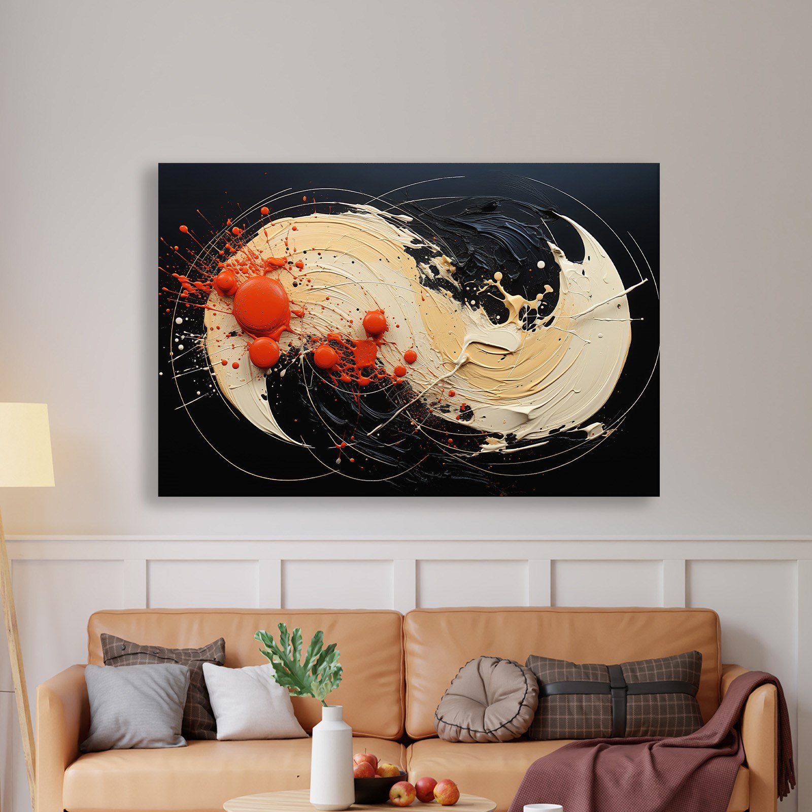 Siyah Turuncu Soyut Spiral Boya Kanvas Tablo