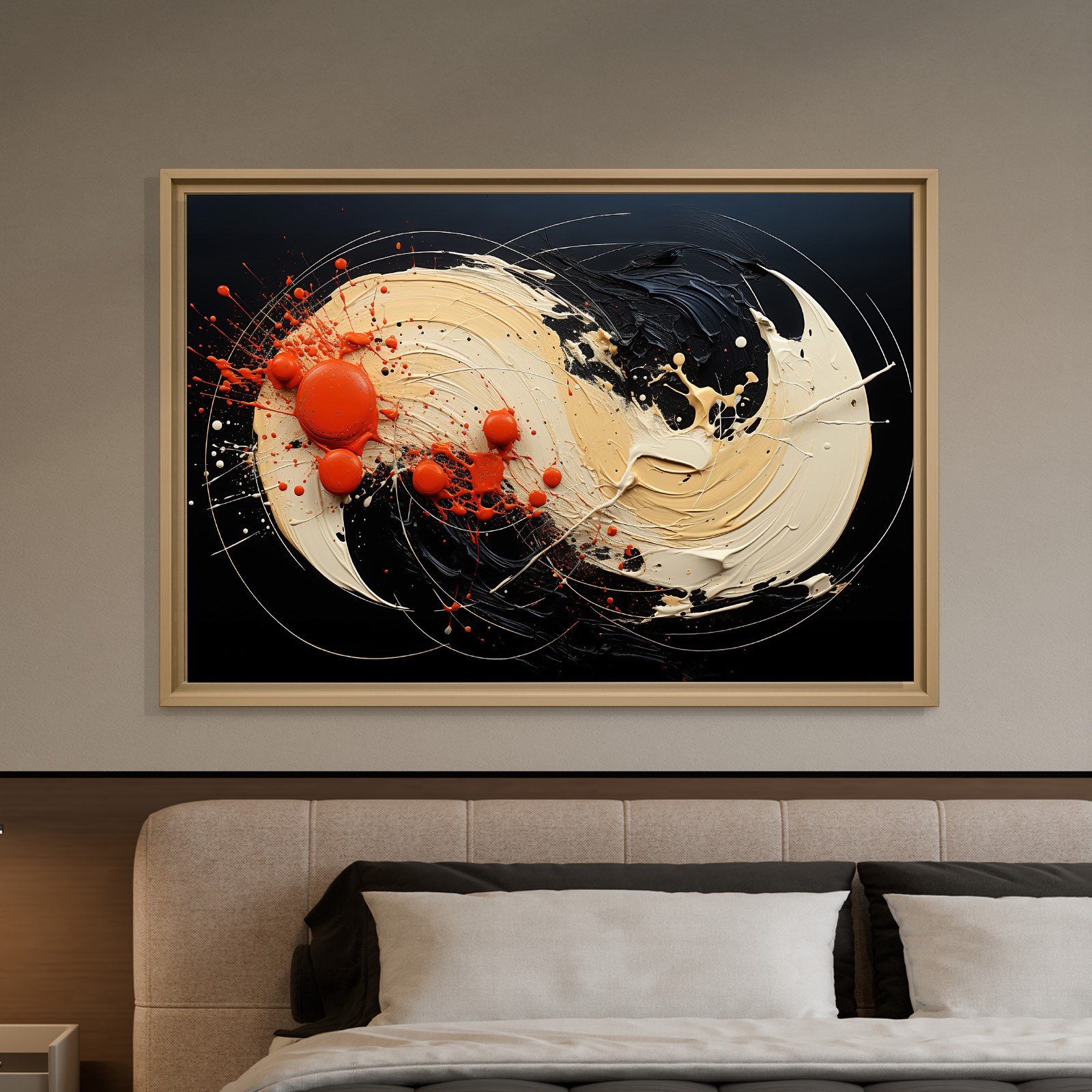 Siyah Turuncu Soyut Spiral Boya Kanvas Tablo