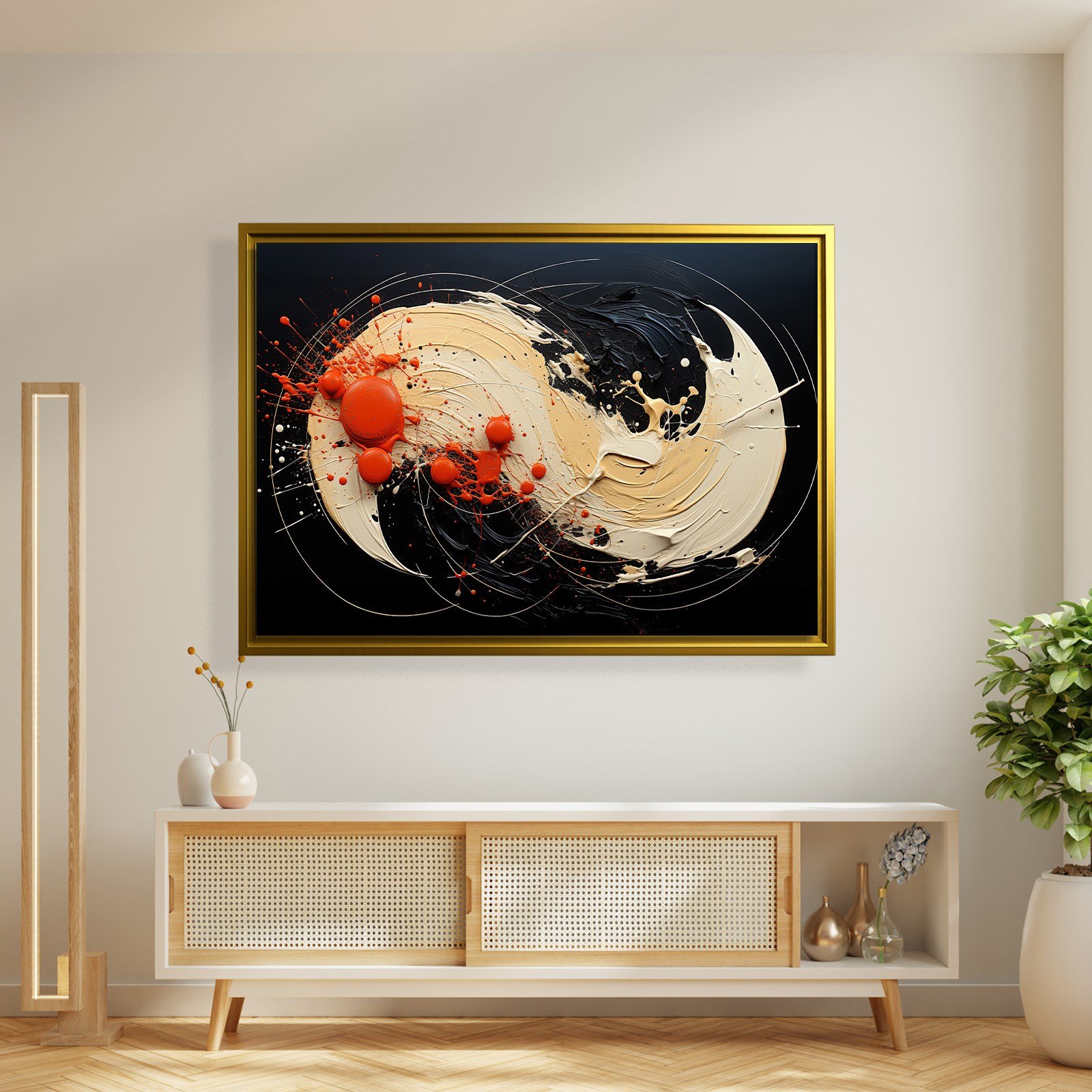 Siyah Turuncu Soyut Spiral Boya Kanvas Tablo