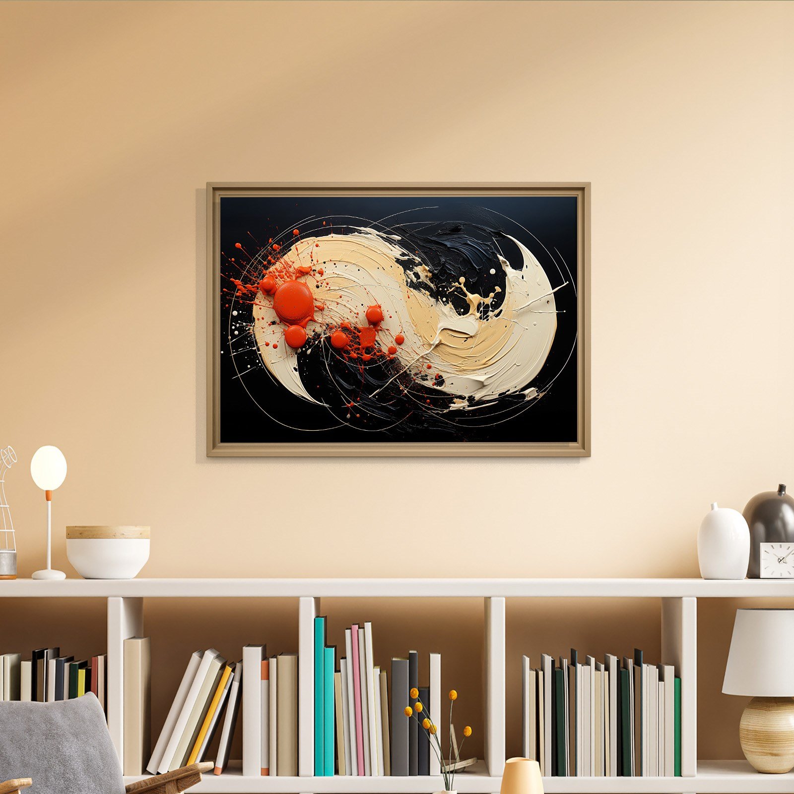Siyah Turuncu Soyut Spiral Boya Kanvas Tablo
