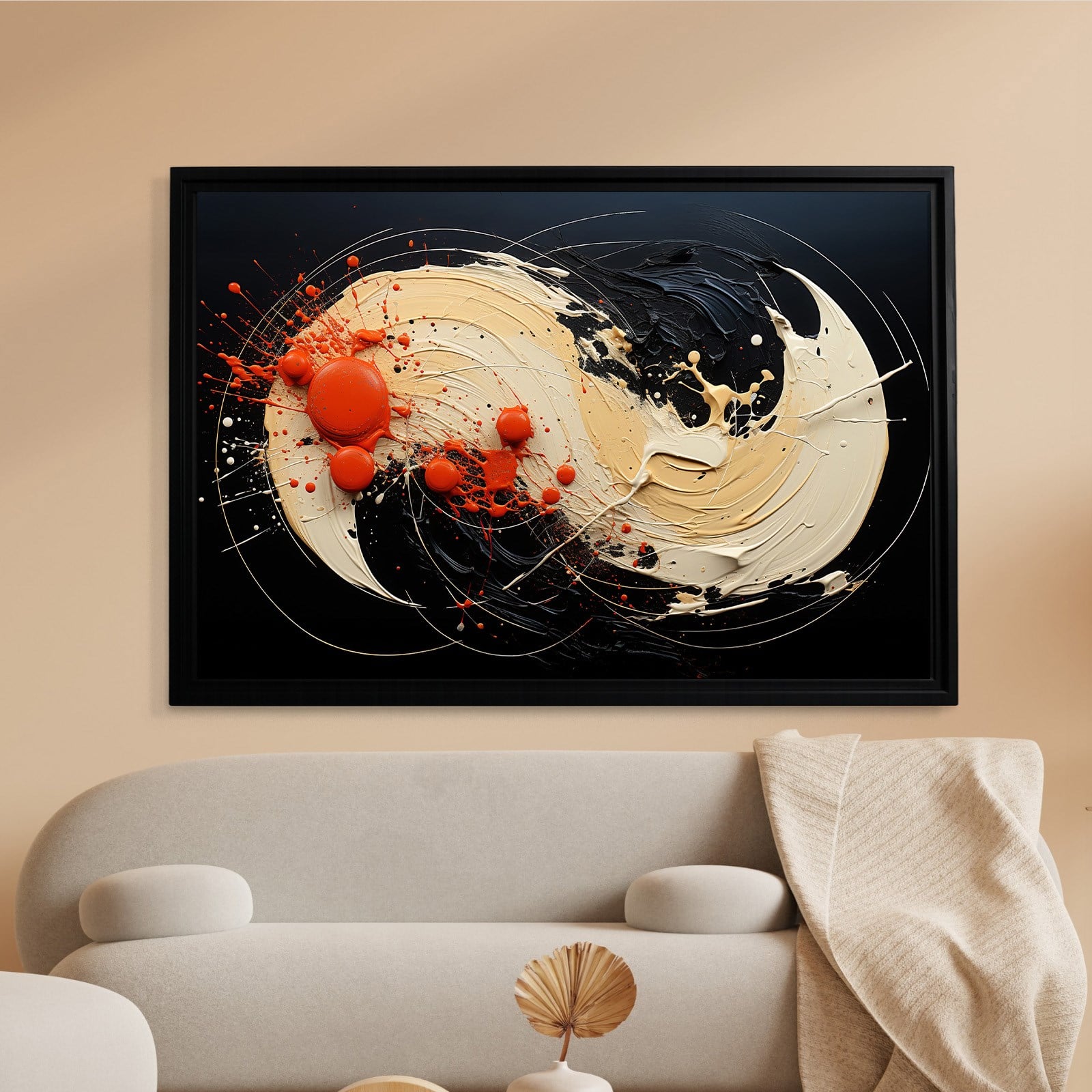 Siyah Turuncu Soyut Spiral Boya Kanvas Tablo