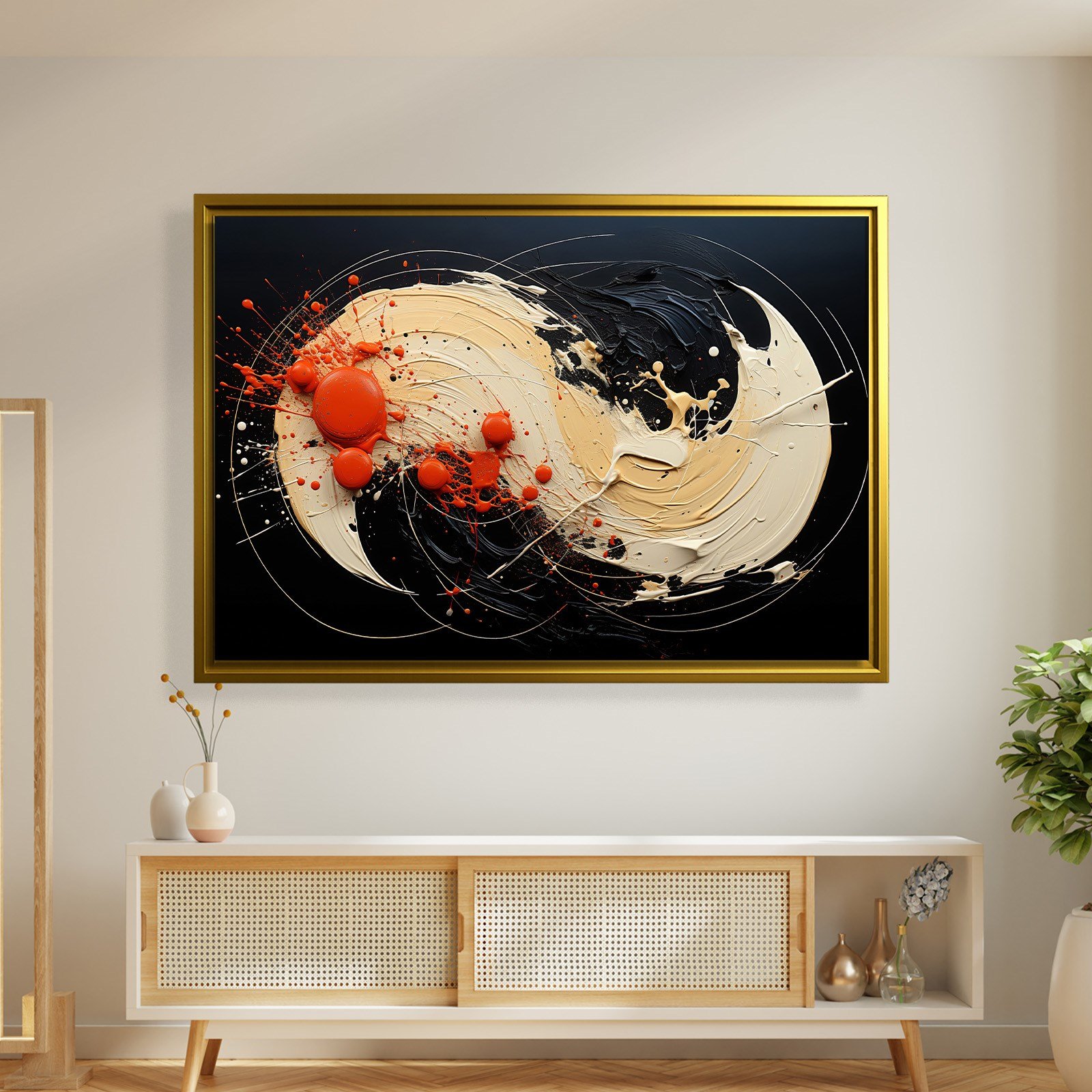 Siyah Turuncu Soyut Spiral Boya Kanvas Tablo