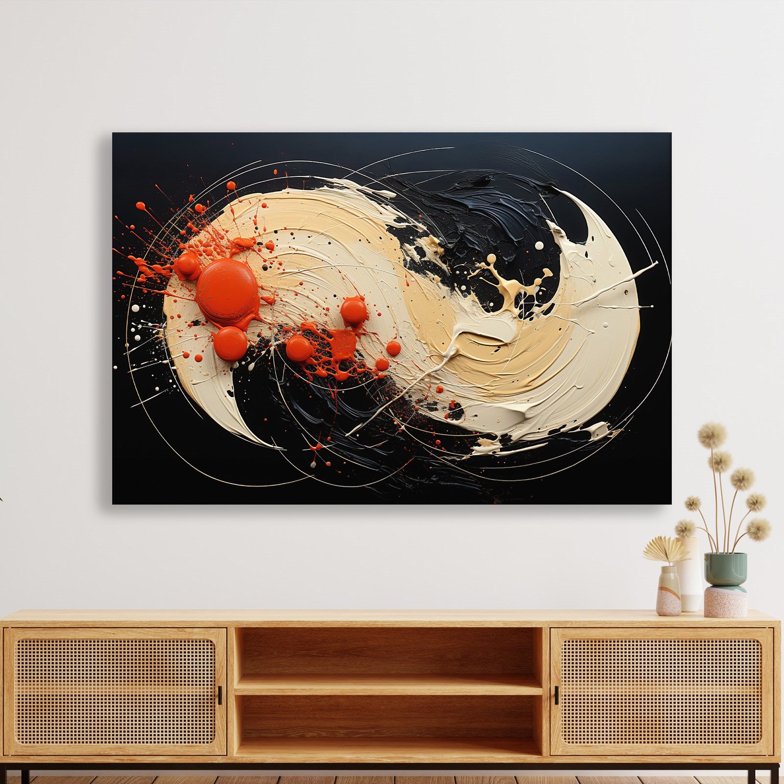 Siyah Turuncu Soyut Spiral Boya Kanvas Tablo