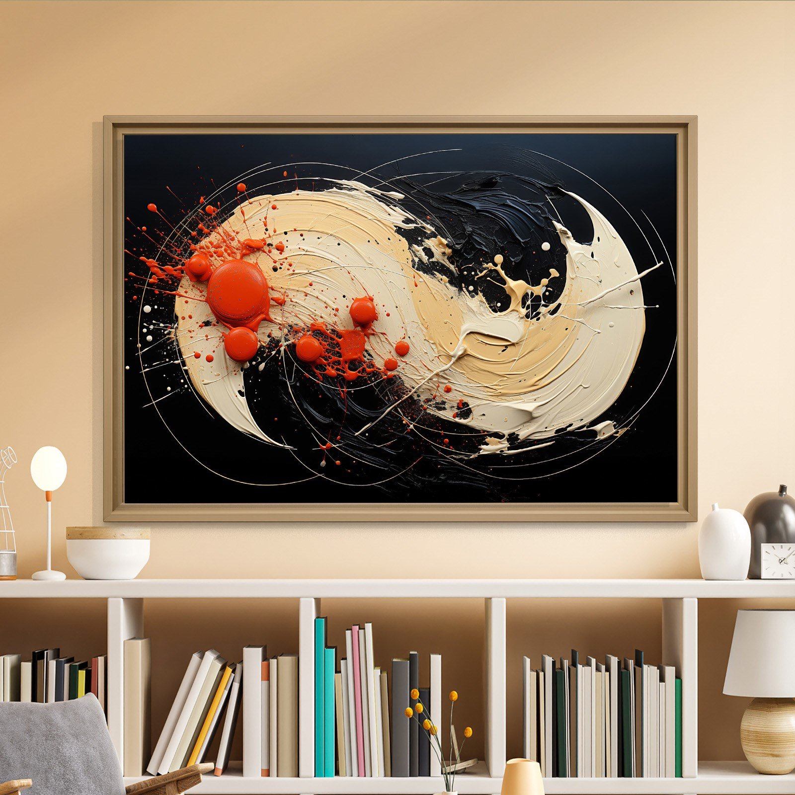 Siyah Turuncu Soyut Spiral Boya Kanvas Tablo
