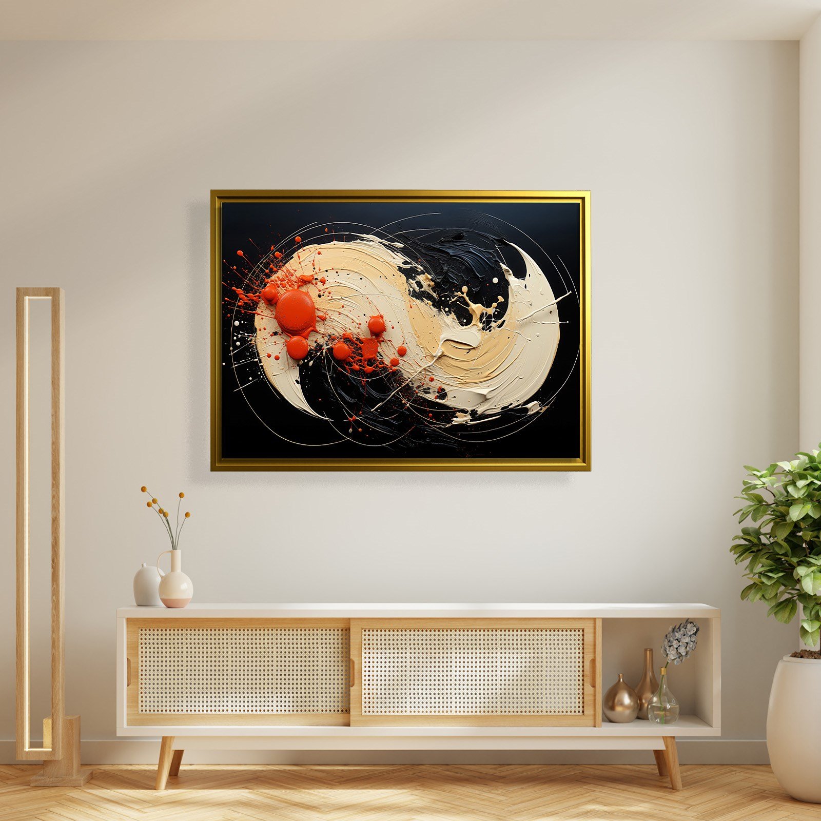 Siyah Turuncu Soyut Spiral Boya Kanvas Tablo
