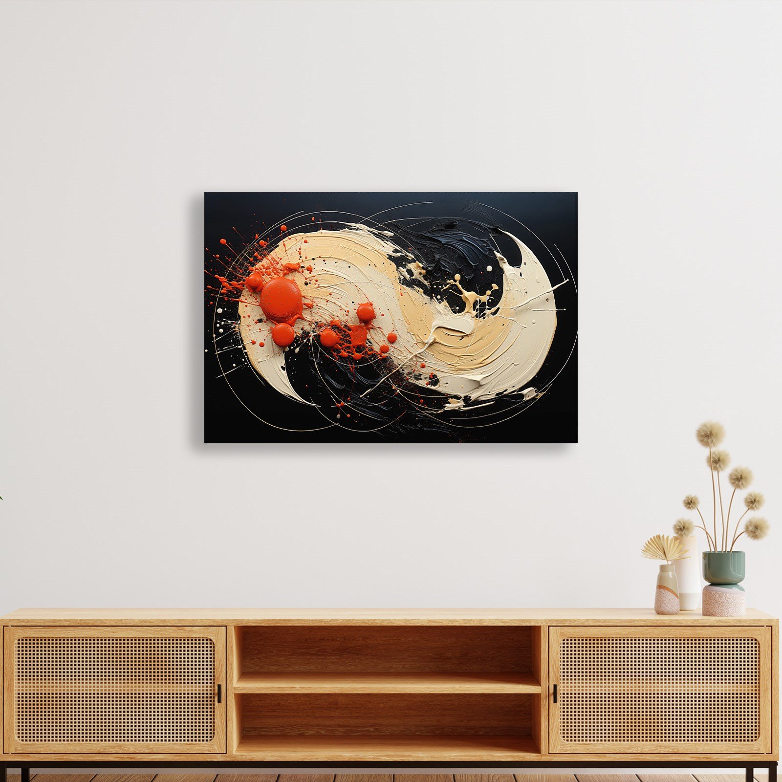 Siyah Turuncu Soyut Spiral Boya Kanvas Tablo