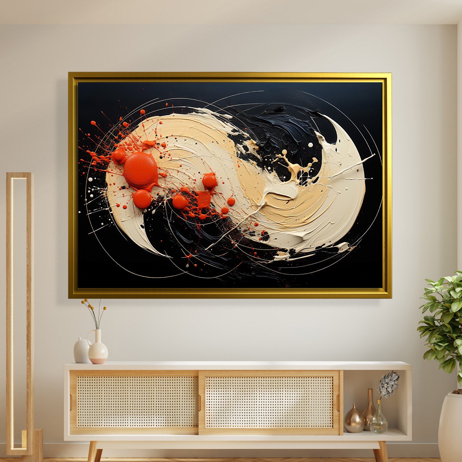 Siyah Turuncu Soyut Spiral Boya Kanvas Tablo