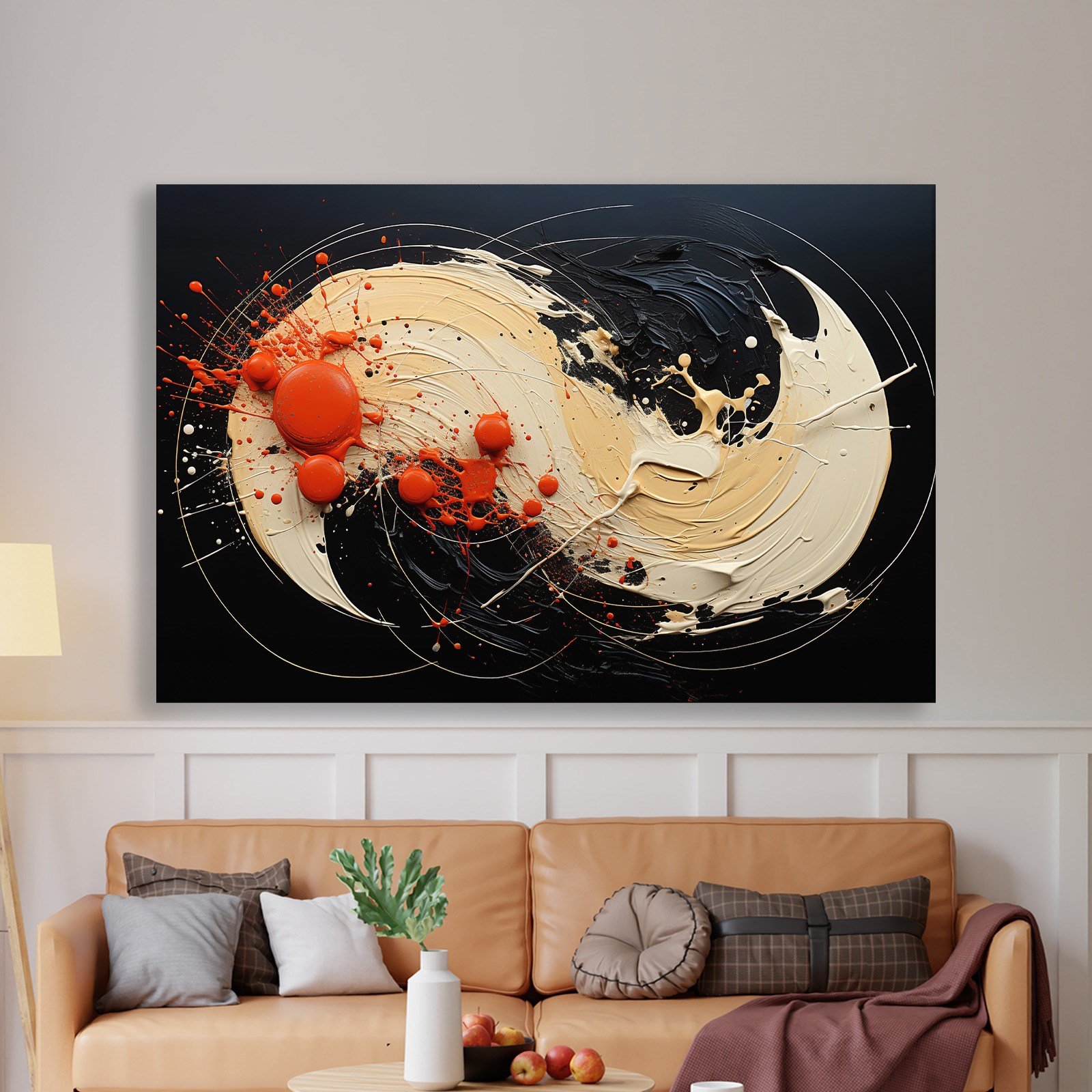 Siyah Turuncu Soyut Spiral Boya Kanvas Tablo