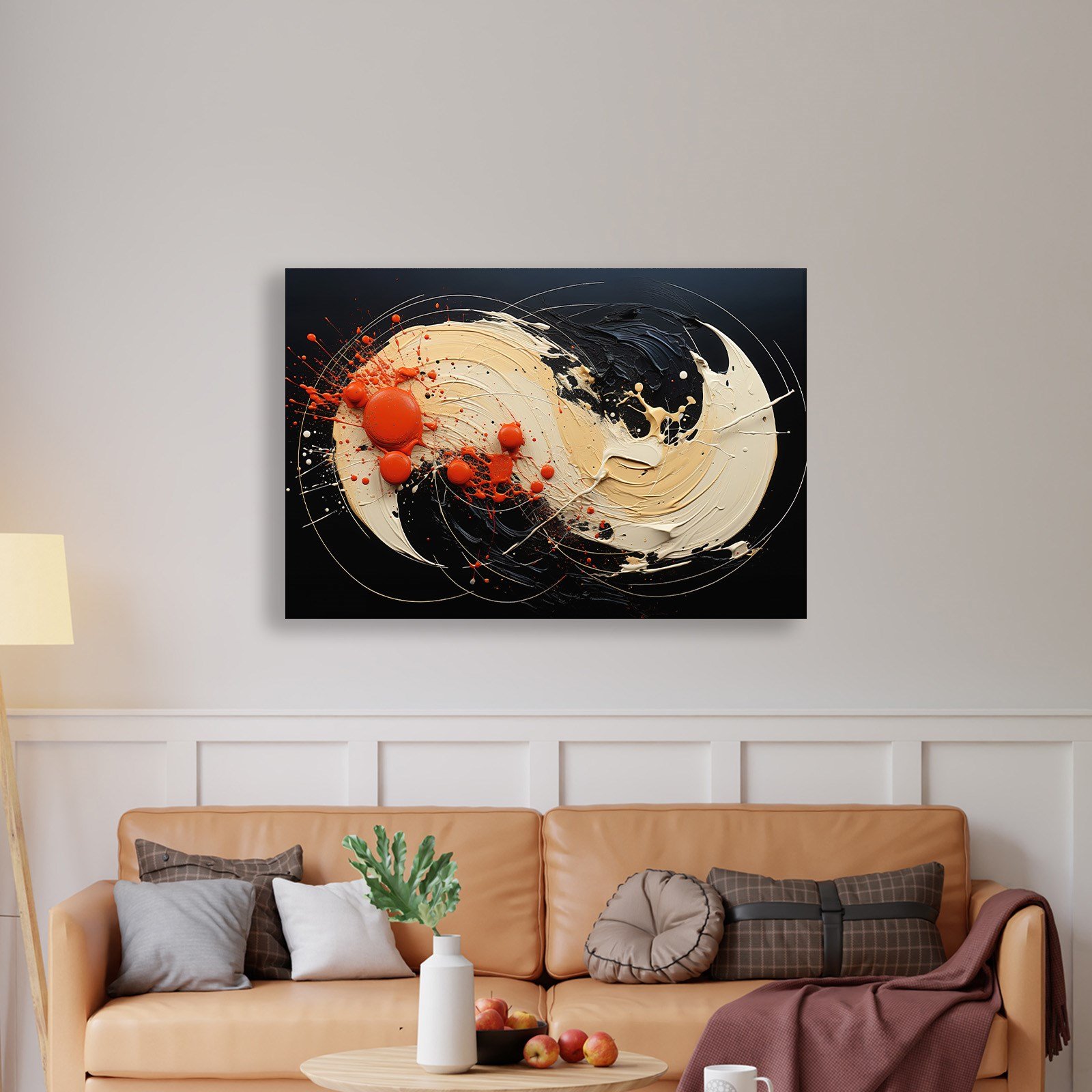 Siyah Turuncu Soyut Spiral Boya Kanvas Tablo