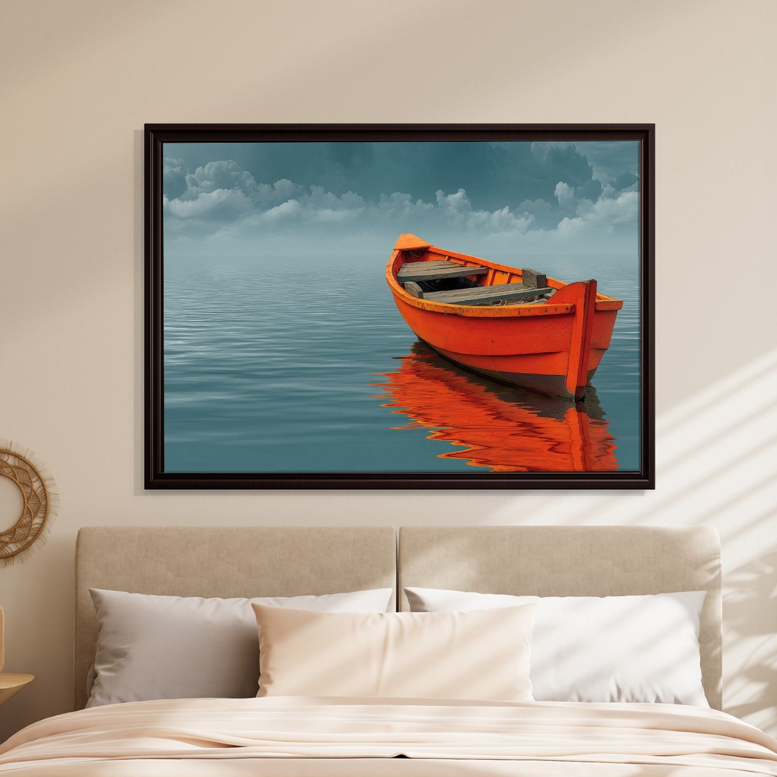 Turuncu Tekne Deniz Manzaralı Kanvas Tablo | Minimal Deniz Dekoru