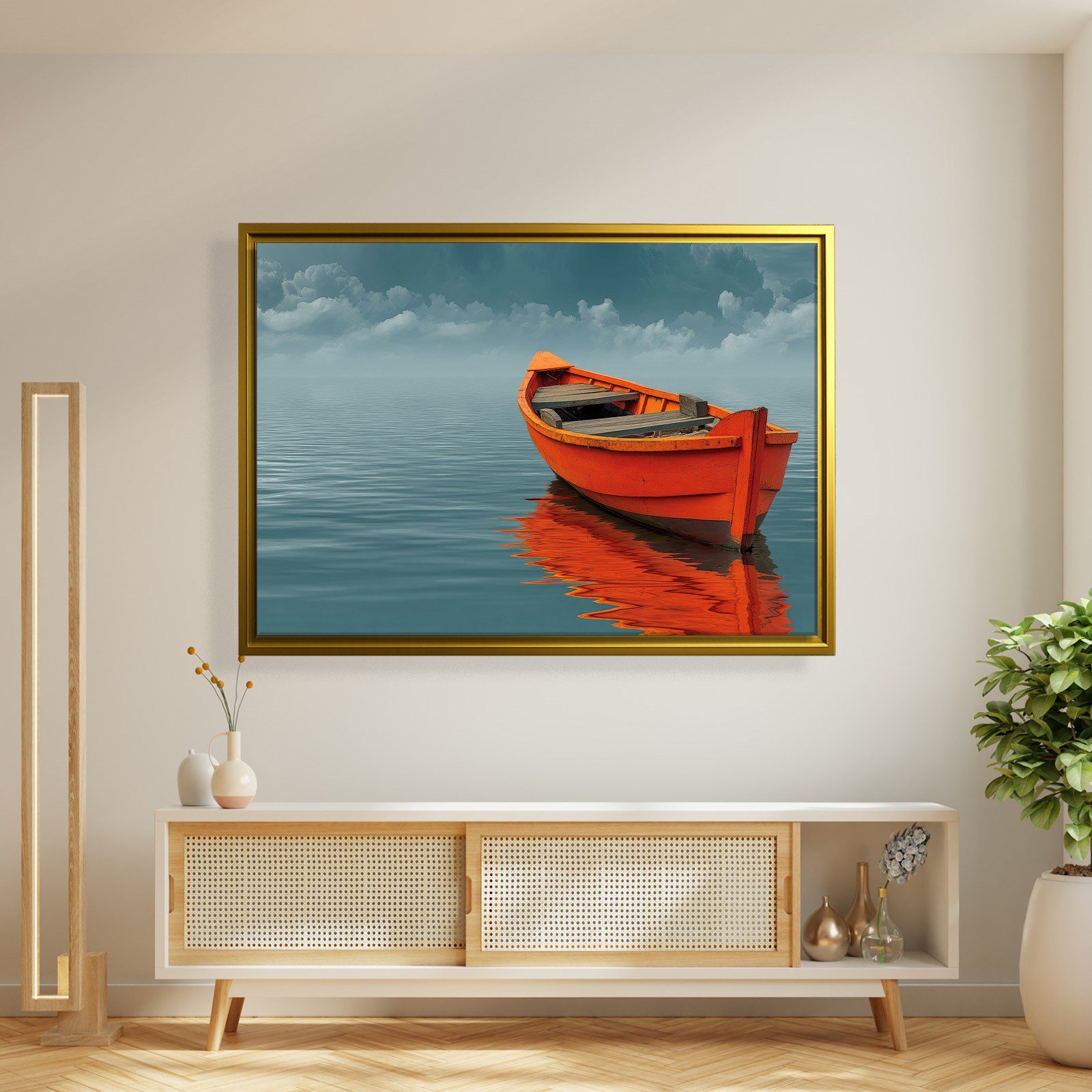 Turuncu Tekne Deniz Manzaralı Kanvas Tablo | Minimal Deniz Dekoru