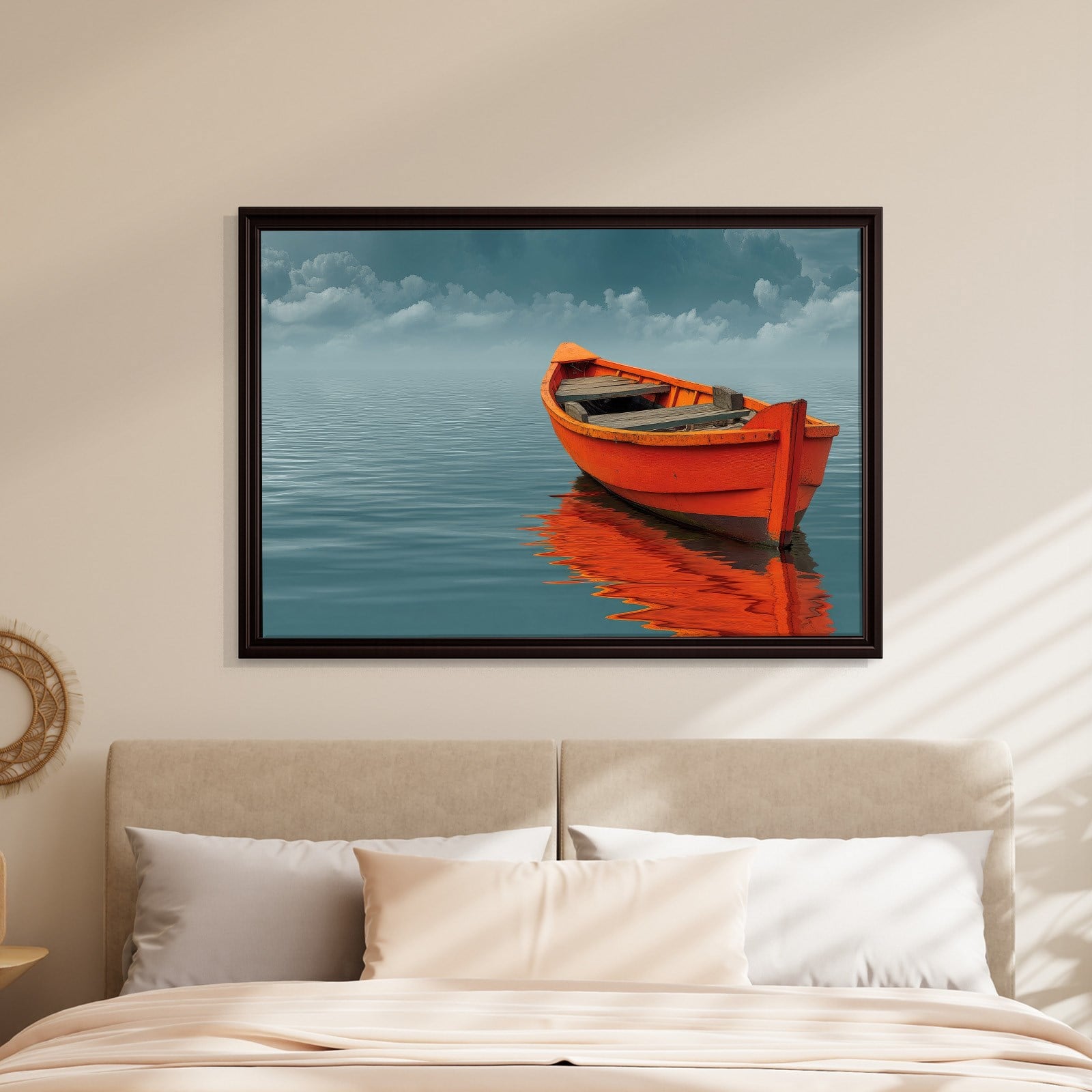 Turuncu Tekne Deniz Manzaralı Kanvas Tablo | Minimal Deniz Dekoru
