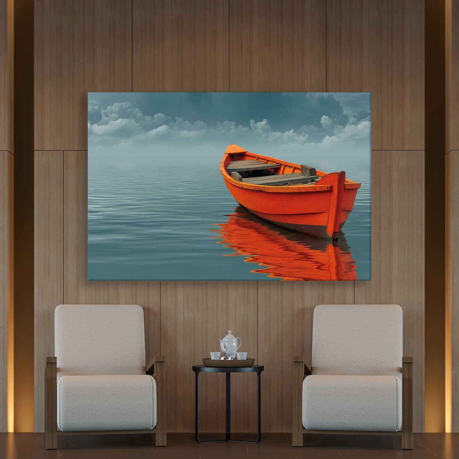 Turuncu Tekne Deniz Manzaralı Kanvas Tablo | Minimal Deniz Dekoru