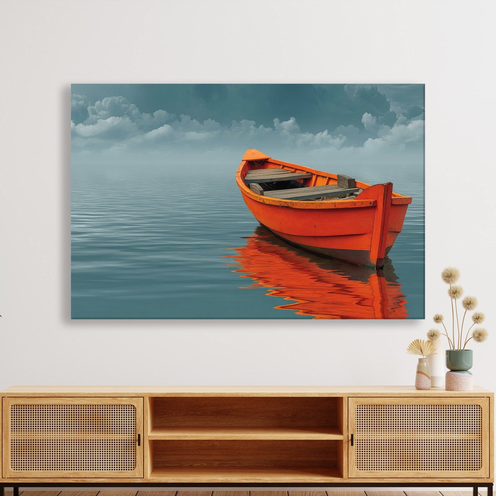 Turuncu Tekne Deniz Manzaralı Kanvas Tablo | Minimal Deniz Dekoru