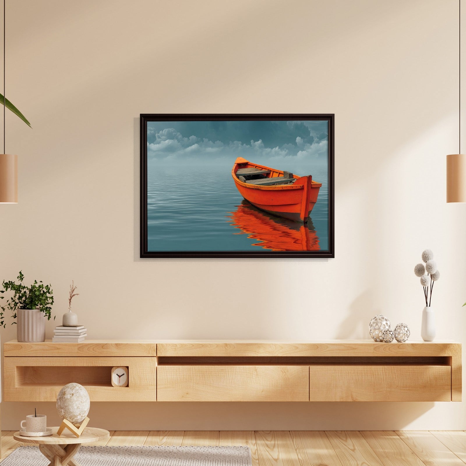 Turuncu Tekne Deniz Manzaralı Kanvas Tablo | Minimal Deniz Dekoru