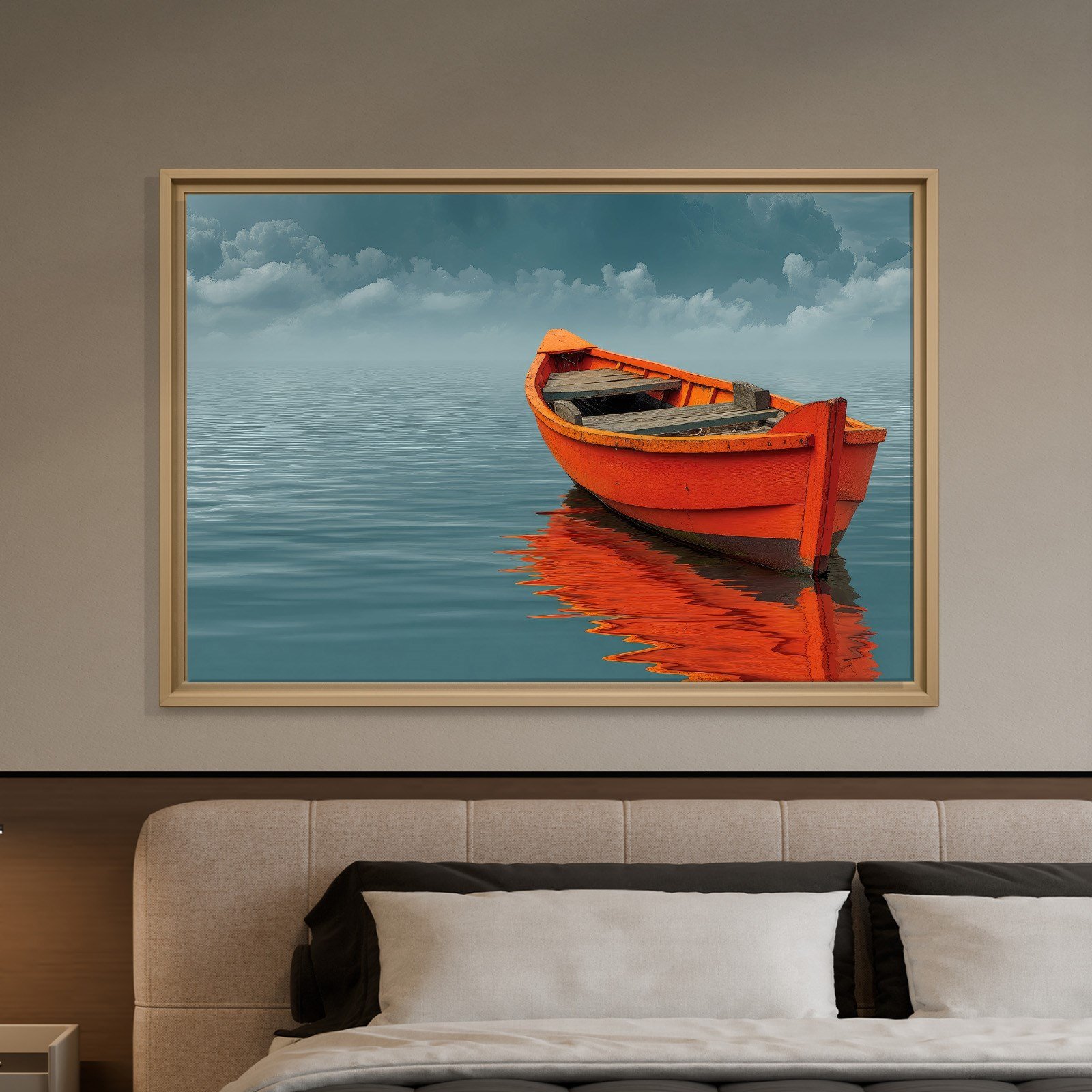 Turuncu Tekne Deniz Manzaralı Kanvas Tablo | Minimal Deniz Dekoru
