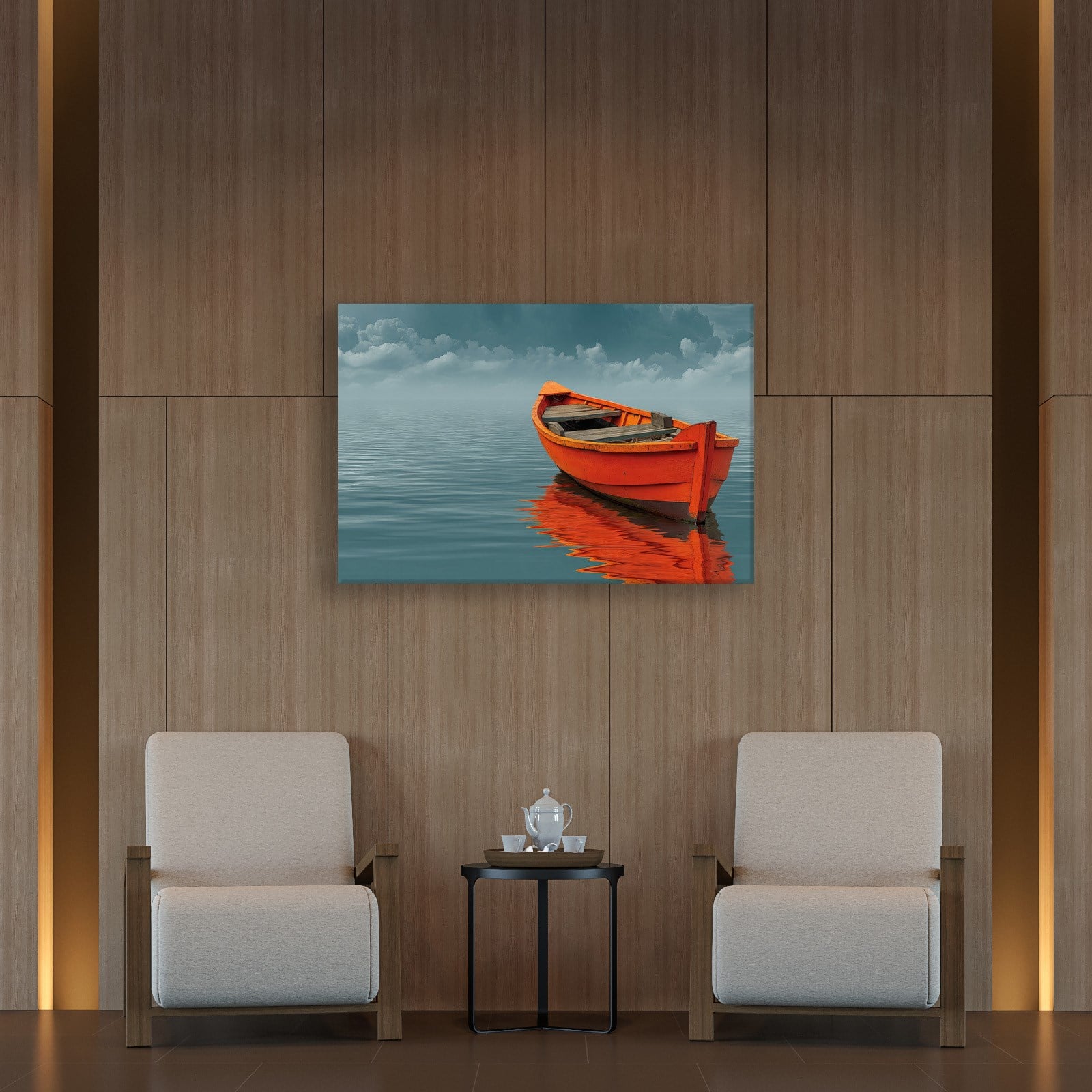 Turuncu Tekne Deniz Manzaralı Kanvas Tablo | Minimal Deniz Dekoru