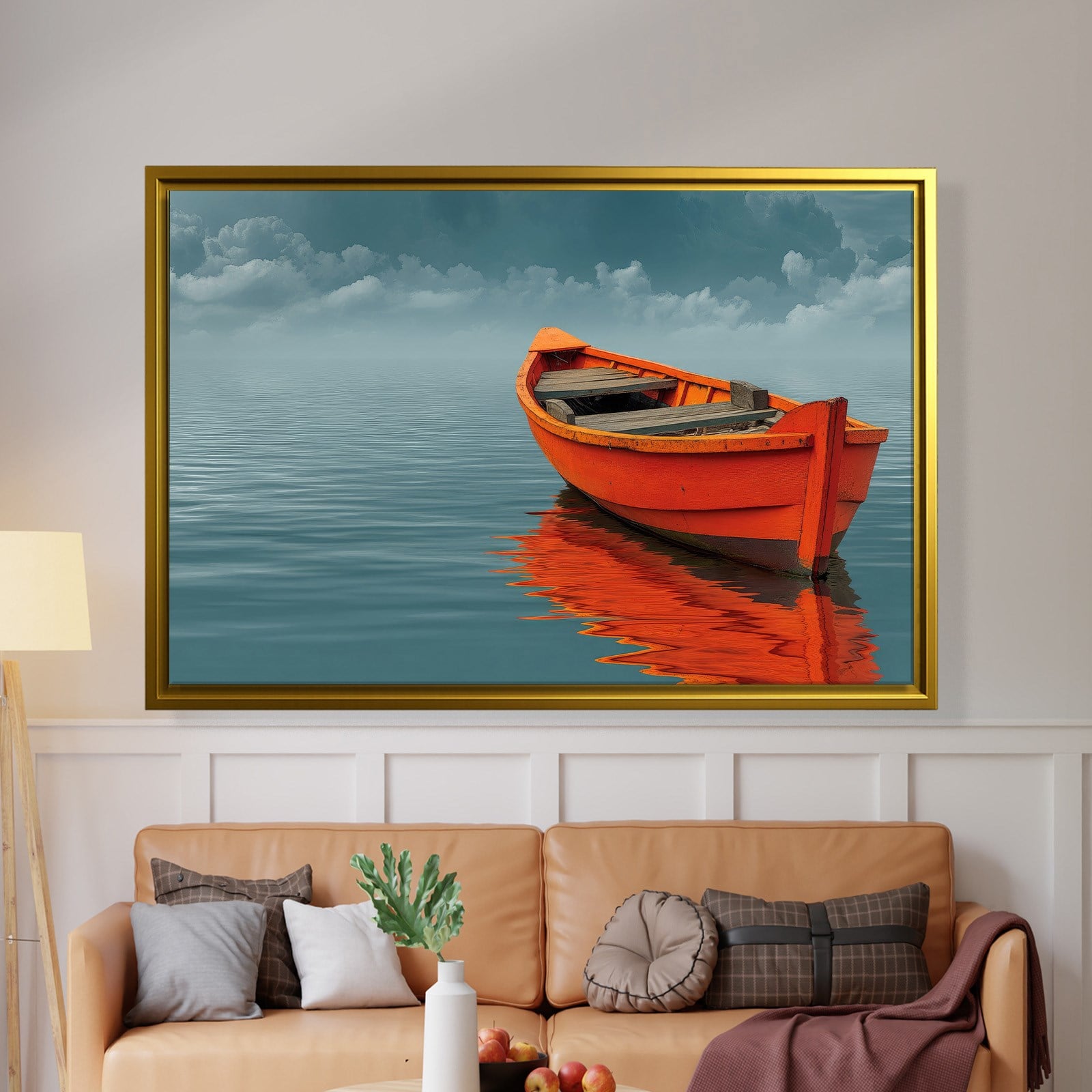 Turuncu Tekne Deniz Manzaralı Kanvas Tablo | Minimal Deniz Dekoru