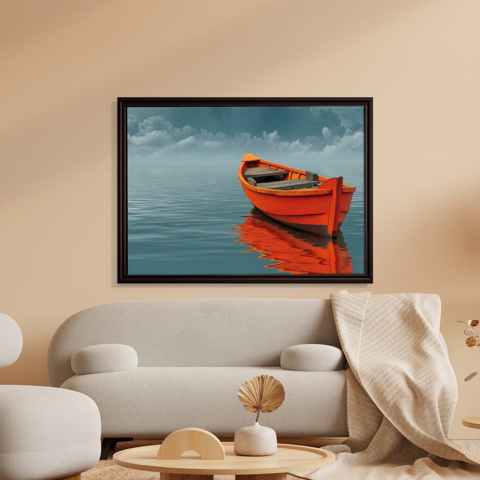 Turuncu Tekne Deniz Manzaralı Kanvas Tablo | Minimal Deniz Dekoru