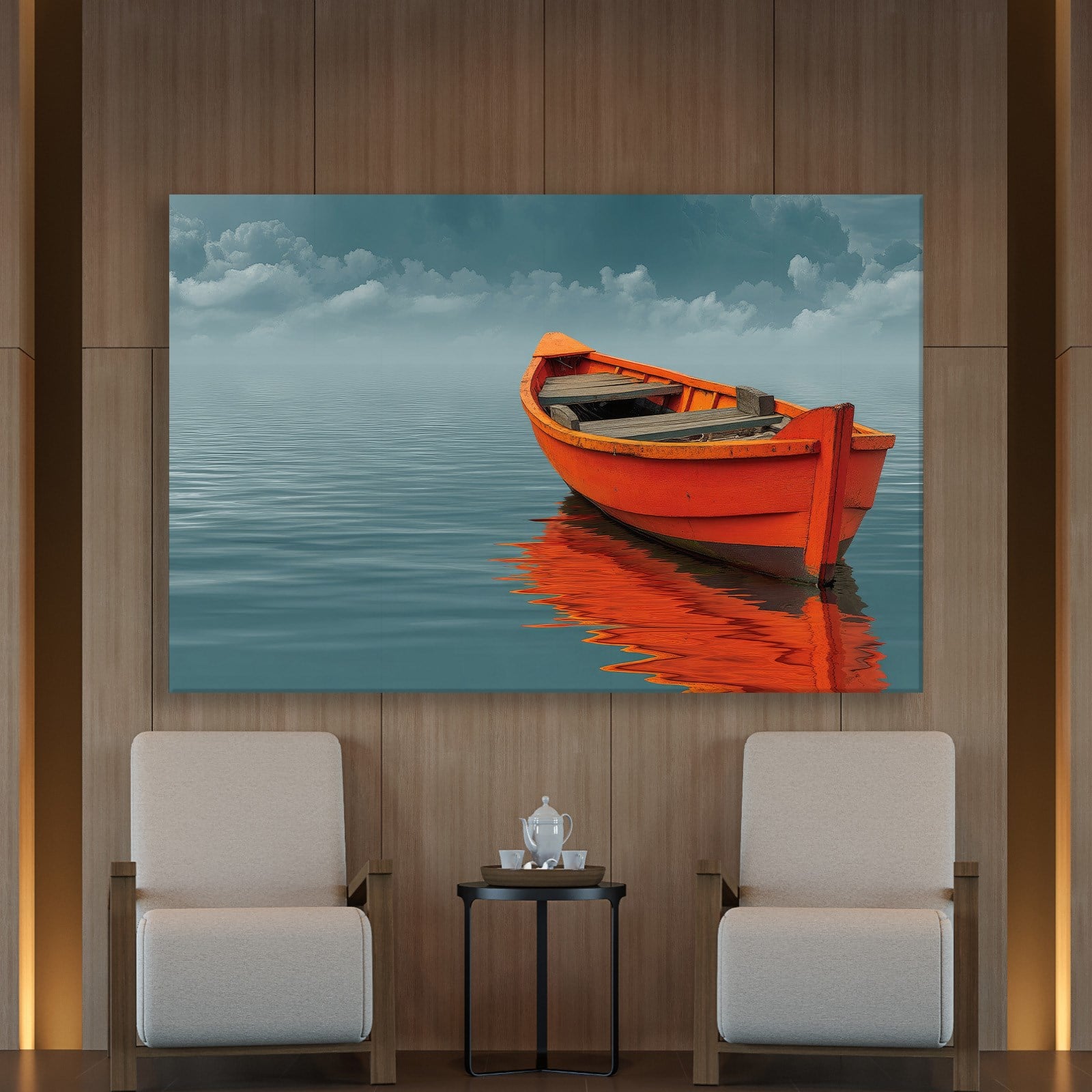 Turuncu Tekne Deniz Manzaralı Kanvas Tablo | Minimal Deniz Dekoru