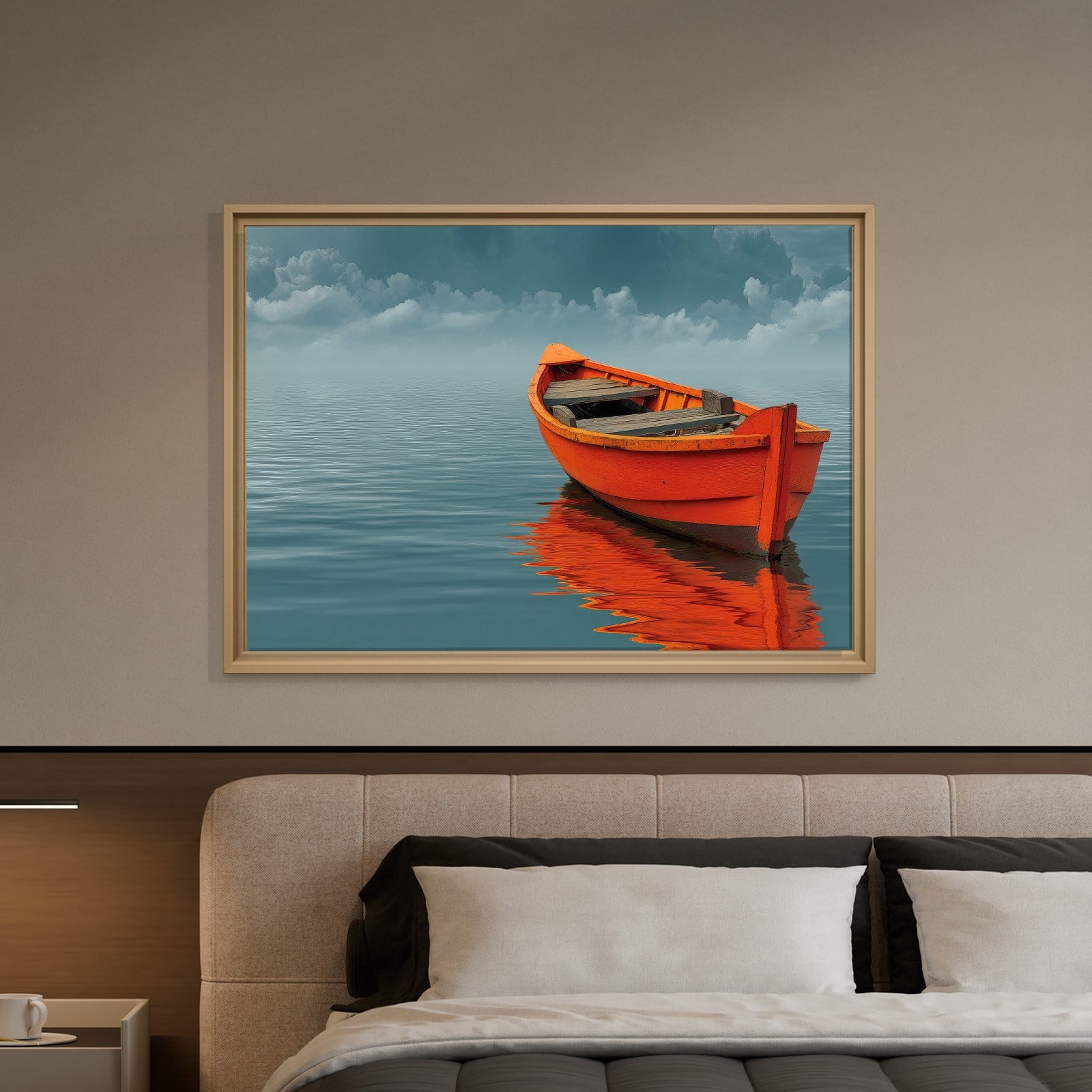 Turuncu Tekne Deniz Manzaralı Kanvas Tablo | Minimal Deniz Dekoru