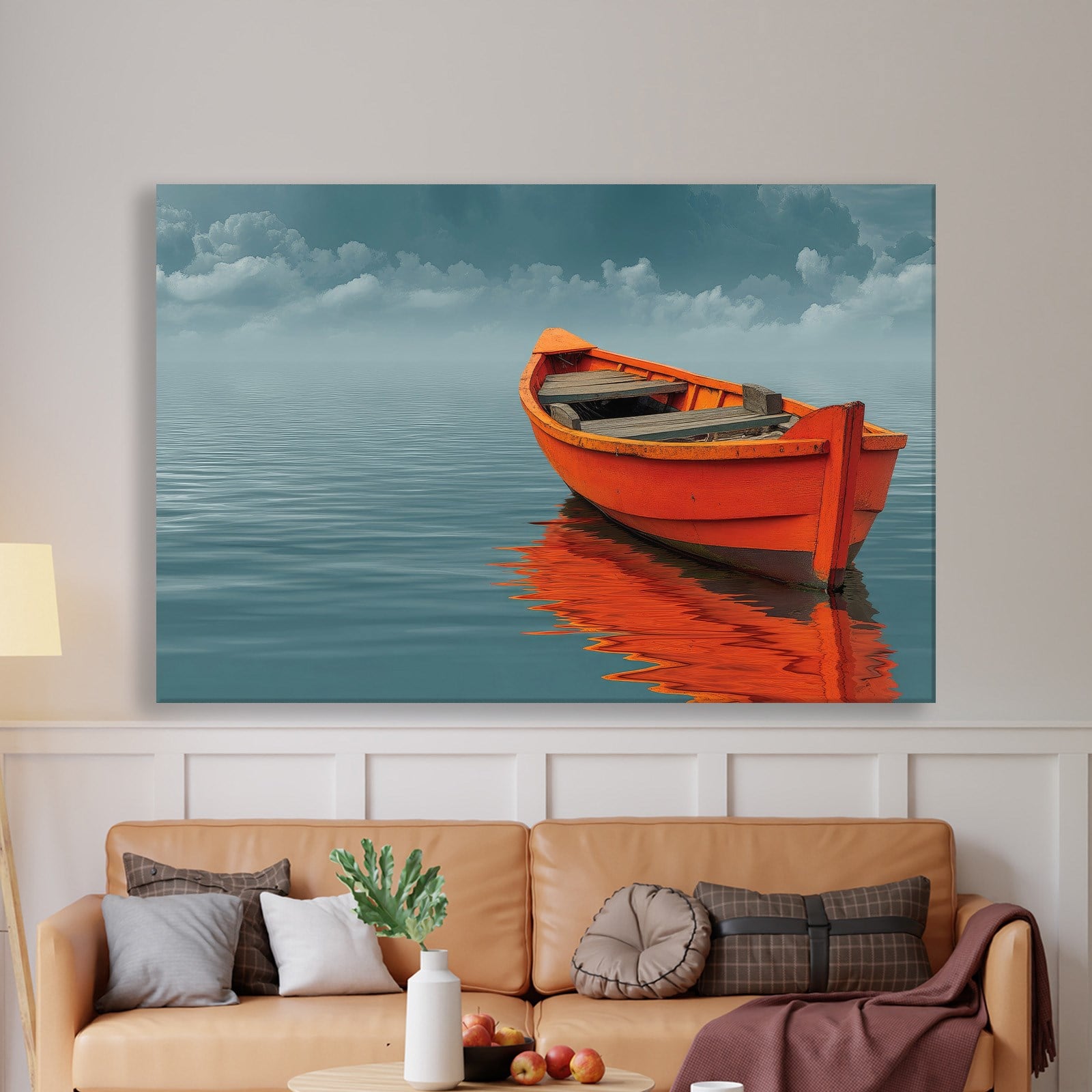 Turuncu Tekne Deniz Manzaralı Kanvas Tablo | Minimal Deniz Dekoru