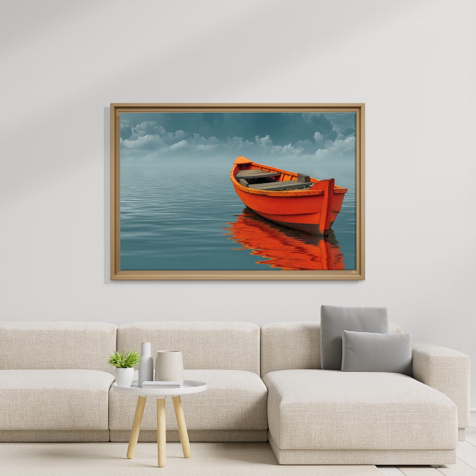 Turuncu Tekne Deniz Manzaralı Kanvas Tablo | Minimal Deniz Dekoru
