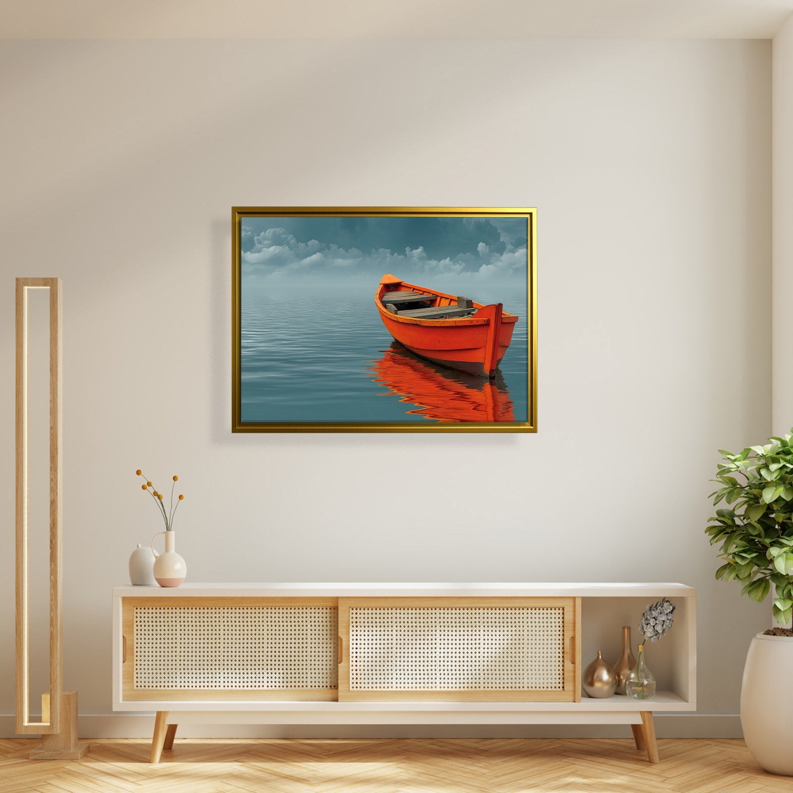 Turuncu Tekne Deniz Manzaralı Kanvas Tablo | Minimal Deniz Dekoru