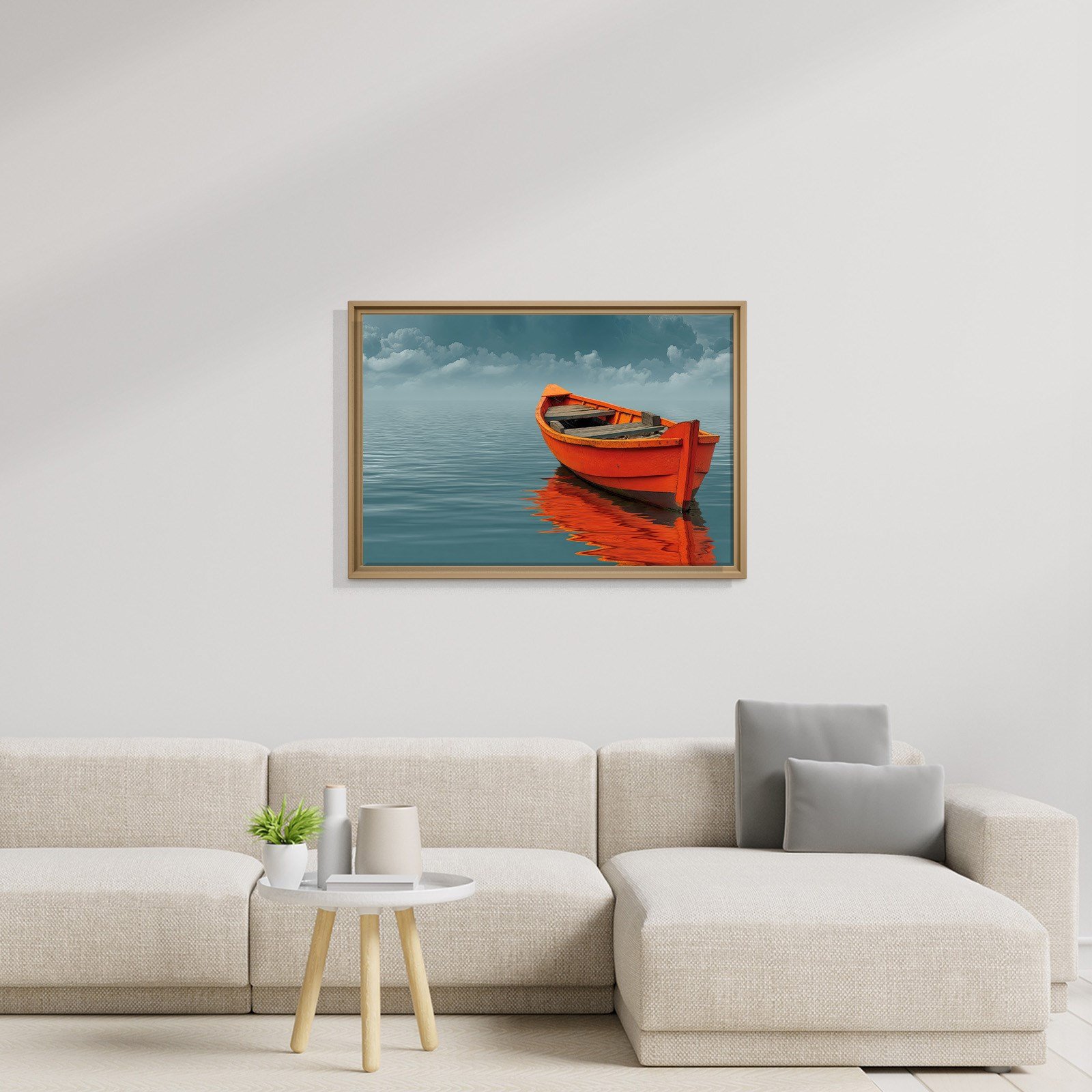 Turuncu Tekne Deniz Manzaralı Kanvas Tablo | Minimal Deniz Dekoru