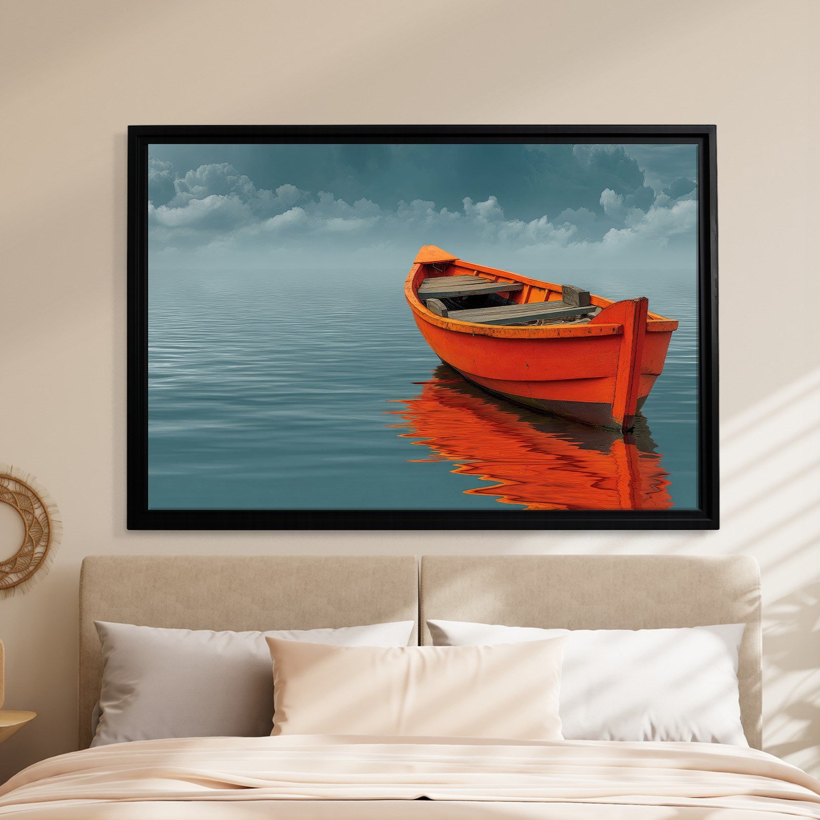 Turuncu Tekne Deniz Manzaralı Kanvas Tablo | Minimal Deniz Dekoru