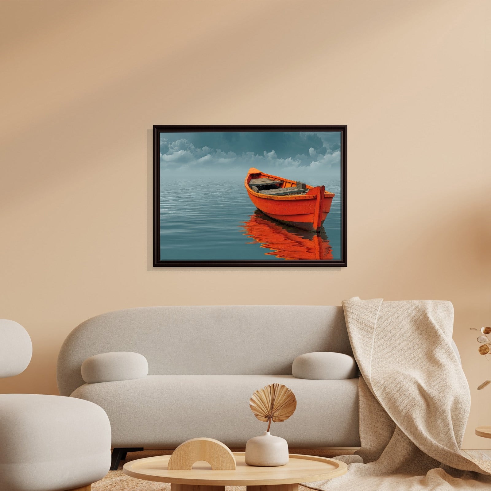 Turuncu Tekne Deniz Manzaralı Kanvas Tablo | Minimal Deniz Dekoru
