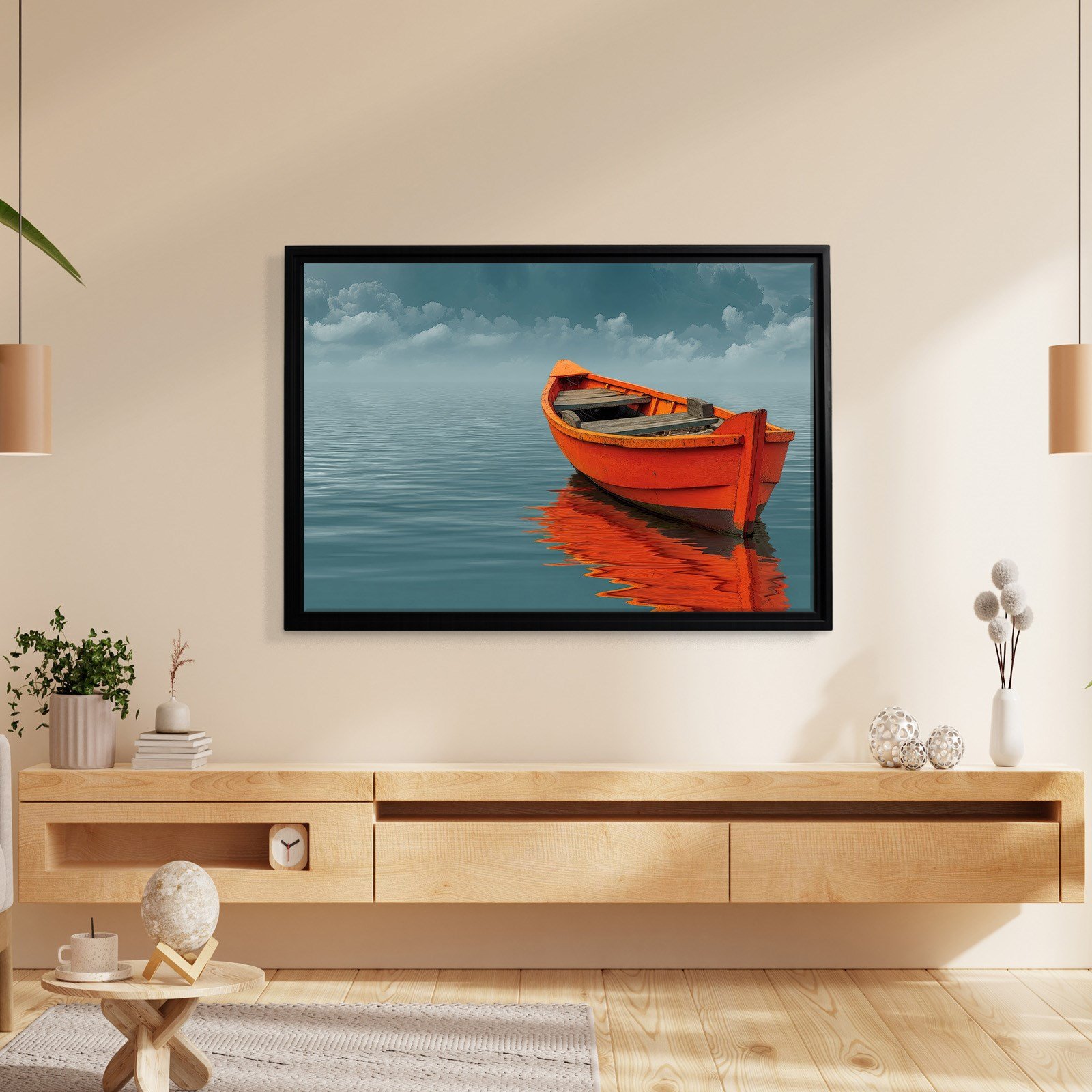 Turuncu Tekne Deniz Manzaralı Kanvas Tablo | Minimal Deniz Dekoru