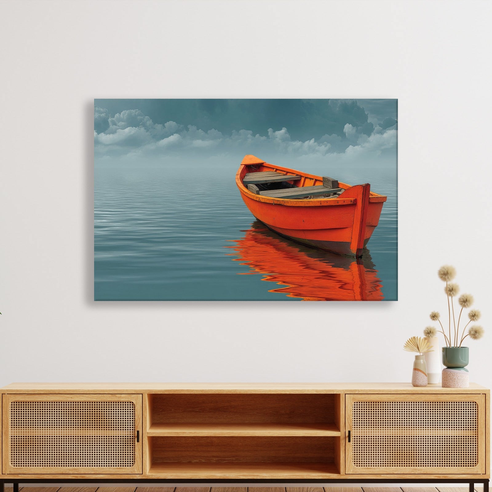 Turuncu Tekne Deniz Manzaralı Kanvas Tablo | Minimal Deniz Dekoru