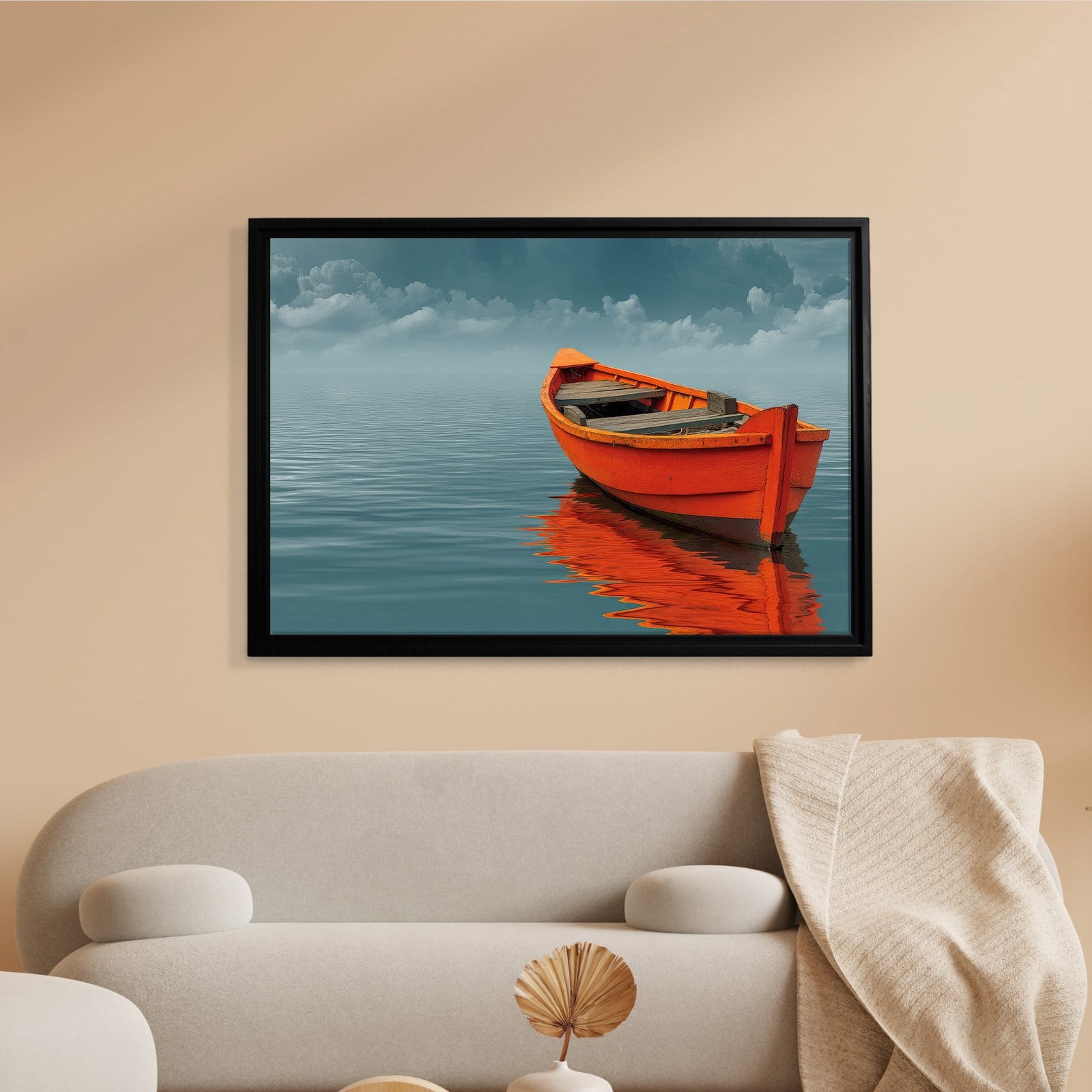 Turuncu Tekne Deniz Manzaralı Kanvas Tablo | Minimal Deniz Dekoru