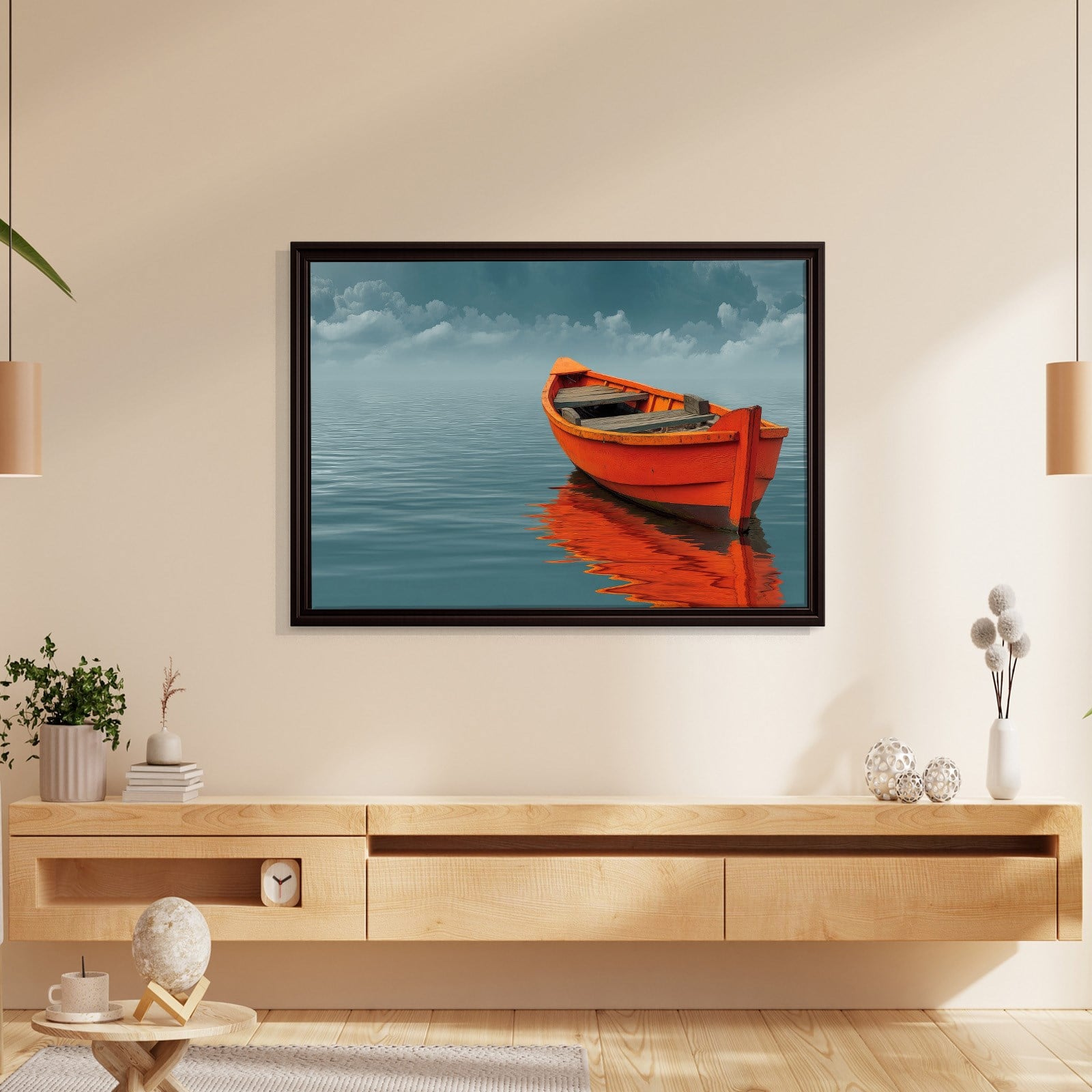 Turuncu Tekne Deniz Manzaralı Kanvas Tablo | Minimal Deniz Dekoru