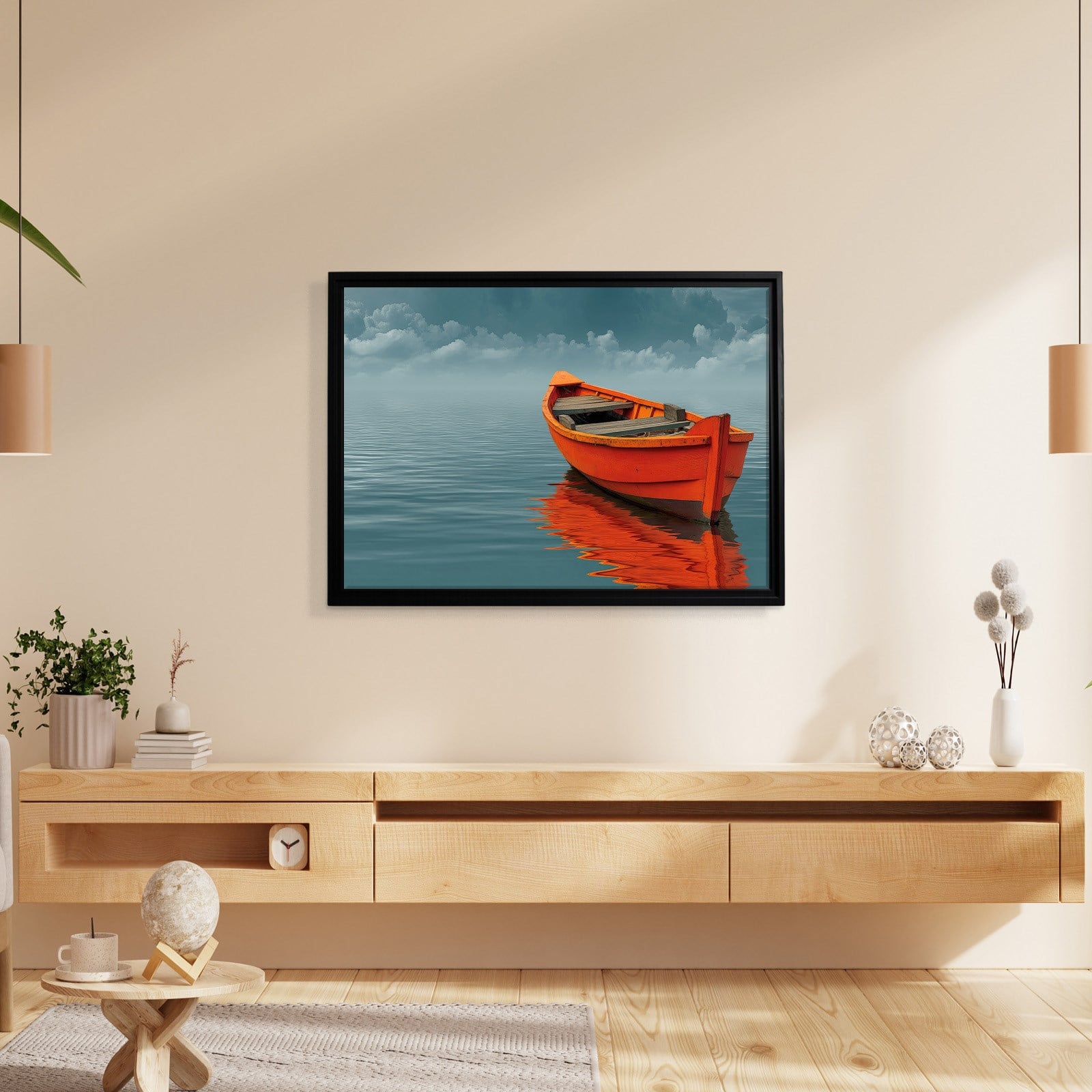 Turuncu Tekne Deniz Manzaralı Kanvas Tablo | Minimal Deniz Dekoru