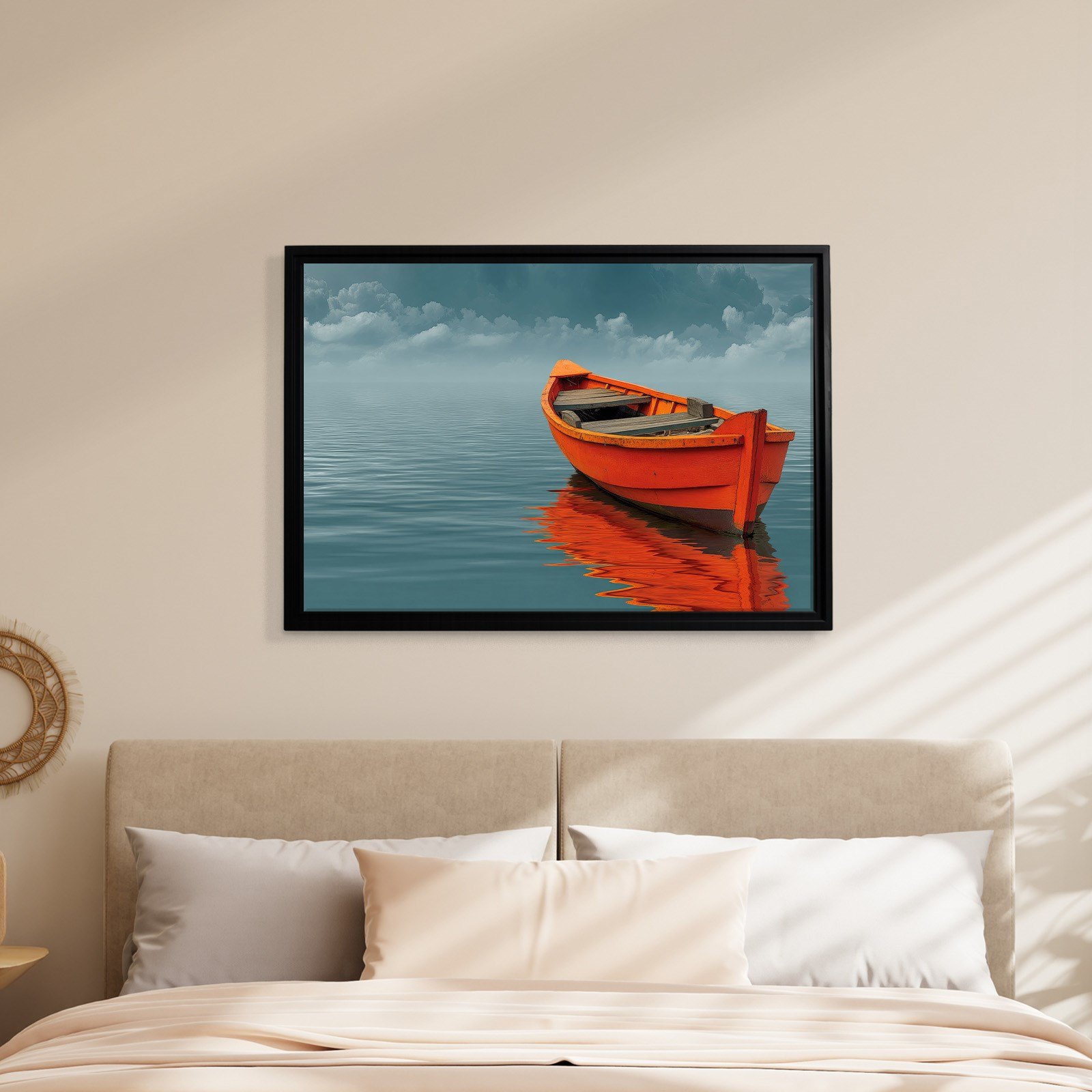 Turuncu Tekne Deniz Manzaralı Kanvas Tablo | Minimal Deniz Dekoru